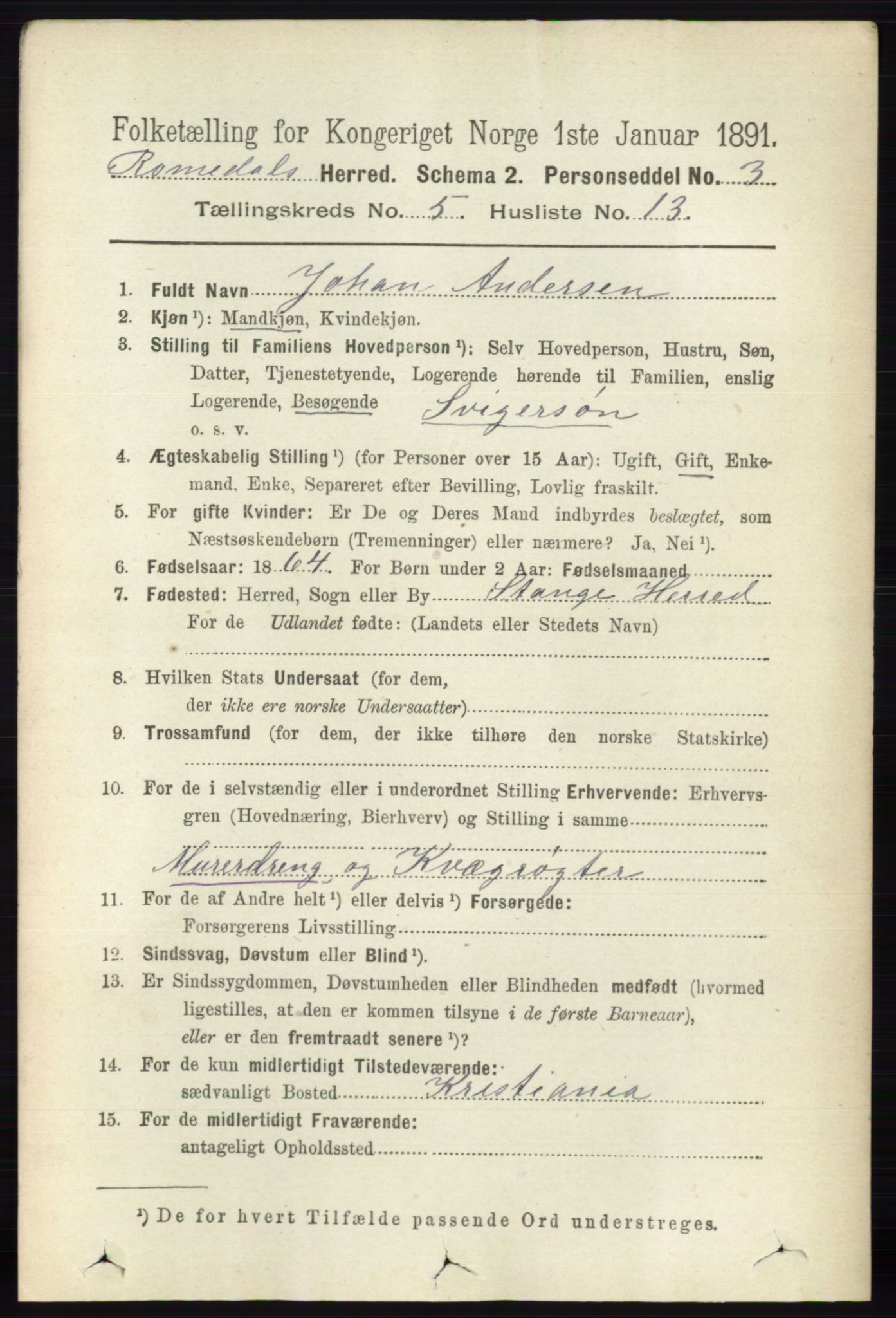 RA, 1891 census for 0416 Romedal, 1891, p. 2523