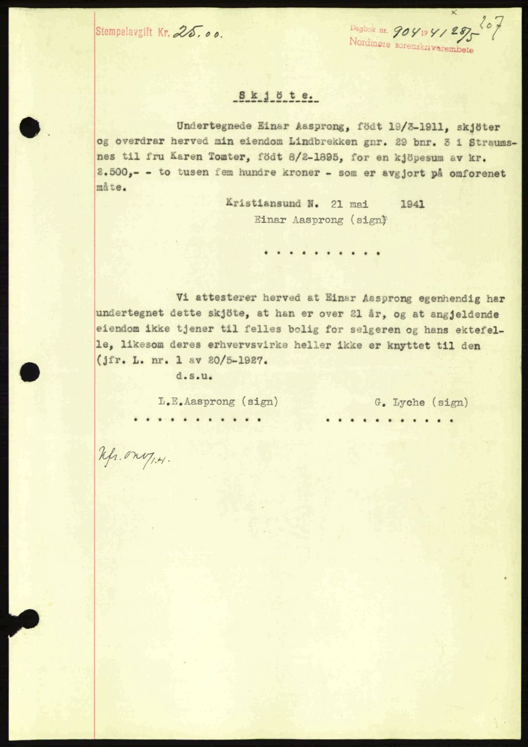 Nordmøre sorenskriveri, SAT/A-4132/1/2/2Ca: Mortgage book no. A90, 1941-1941, Diary no: : 903/1941