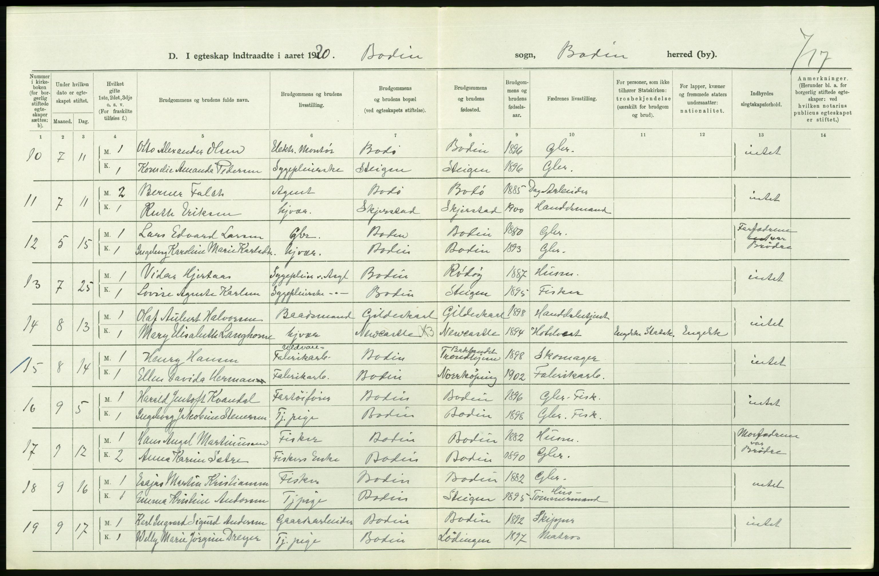 Statistisk sentralbyrå, Sosiodemografiske emner, Befolkning, RA/S-2228/D/Df/Dfb/Dfbj/L0057: Nordland fylke: Gifte, dødfødte. Bygder og byer., 1920, p. 150