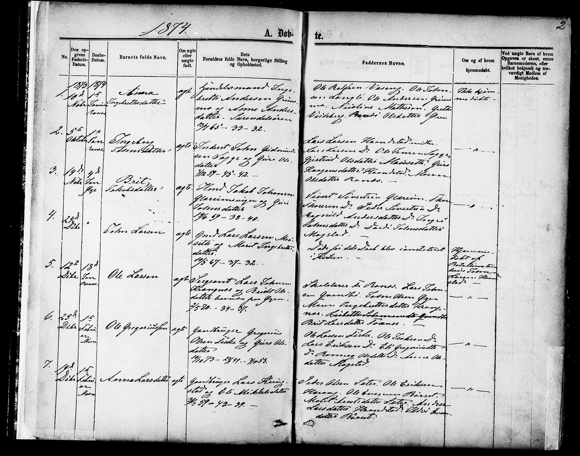 Ministerialprotokoller, klokkerbøker og fødselsregistre - Møre og Romsdal, SAT/A-1454/595/L1046: Parish register (official) no. 595A08, 1874-1884, p. 2