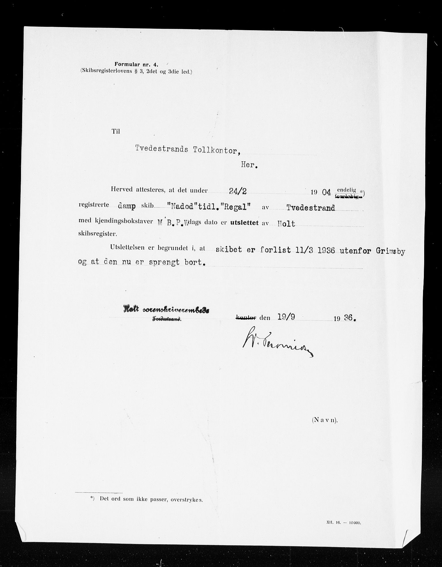 Tvedestrand tollsted, SAK/1351-0011/H/Ha/L0144: Målebrev, 1871-1948, p. 259