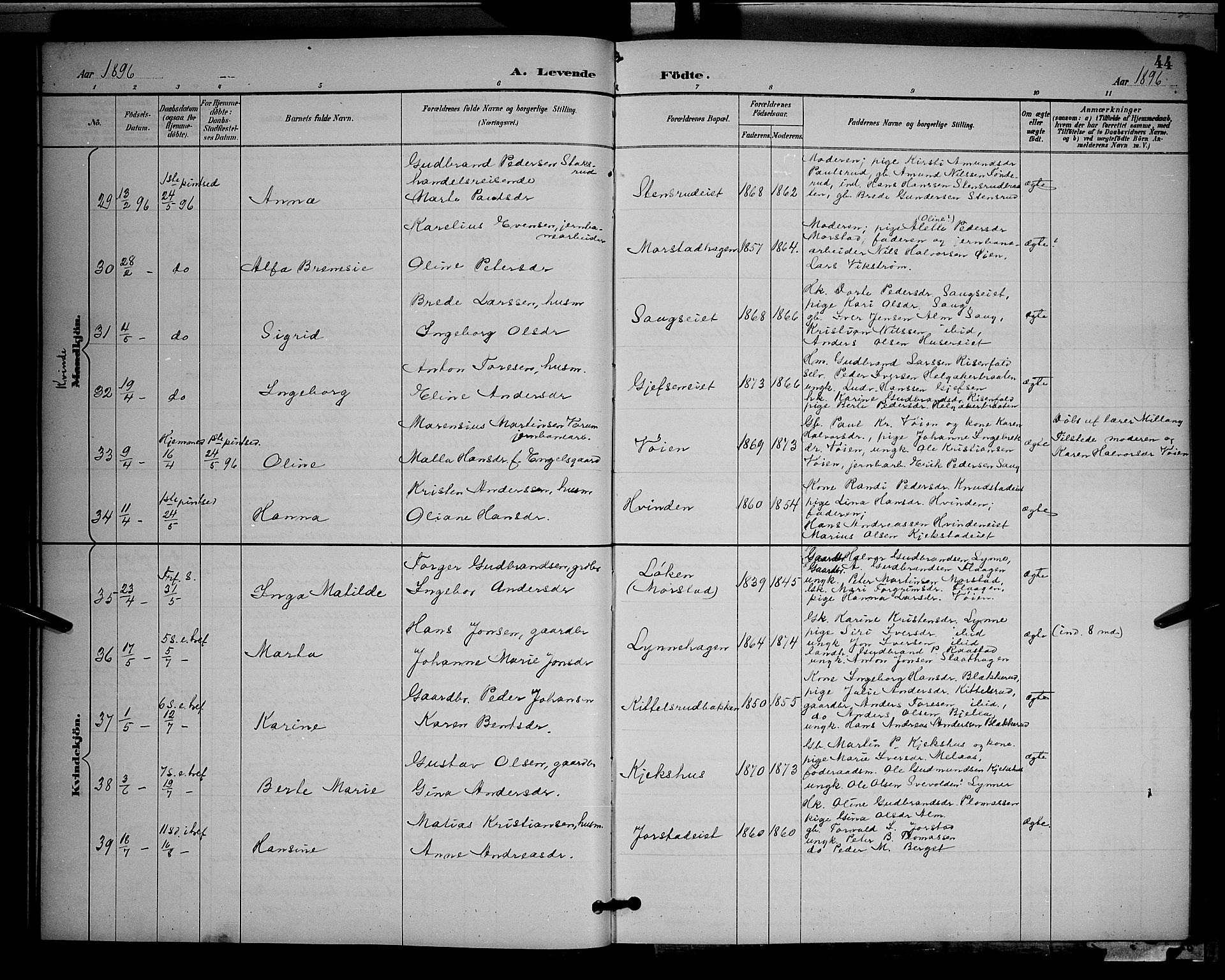 Gran prestekontor, AV/SAH-PREST-112/H/Ha/Hab/L0005: Parish register (copy) no. 5, 1892-1900, p. 44