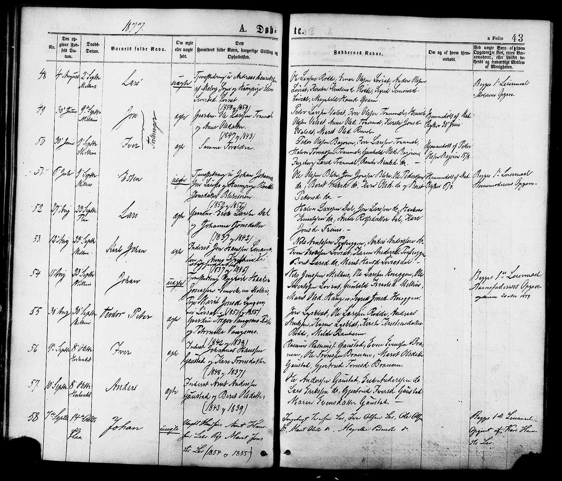 Ministerialprotokoller, klokkerbøker og fødselsregistre - Sør-Trøndelag, AV/SAT-A-1456/691/L1079: Parish register (official) no. 691A11, 1873-1886, p. 43