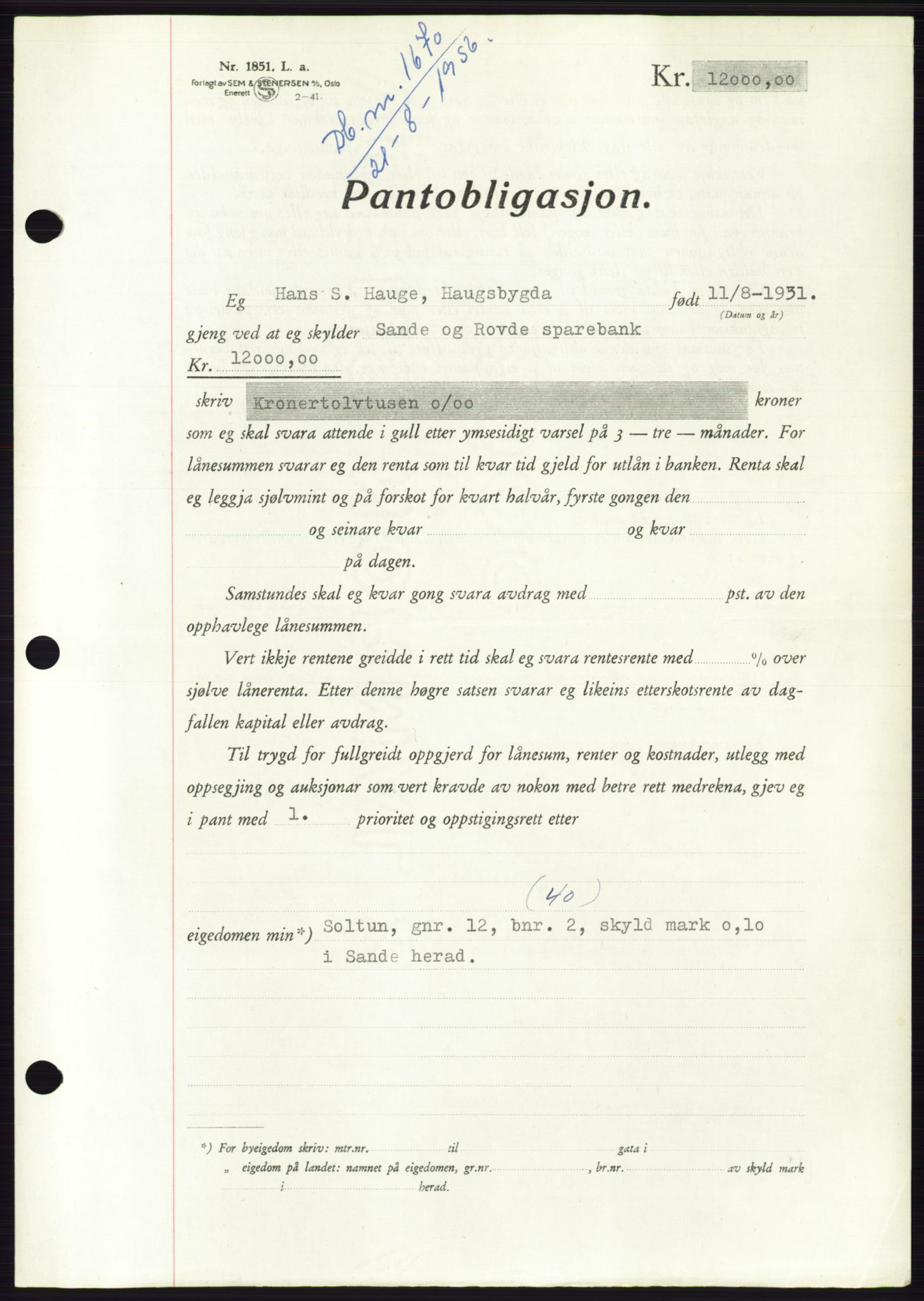 Søre Sunnmøre sorenskriveri, SAT/A-4122/1/2/2C/L0128: Mortgage book no. 16B, 1956-1956, Diary no: : 1670/1956