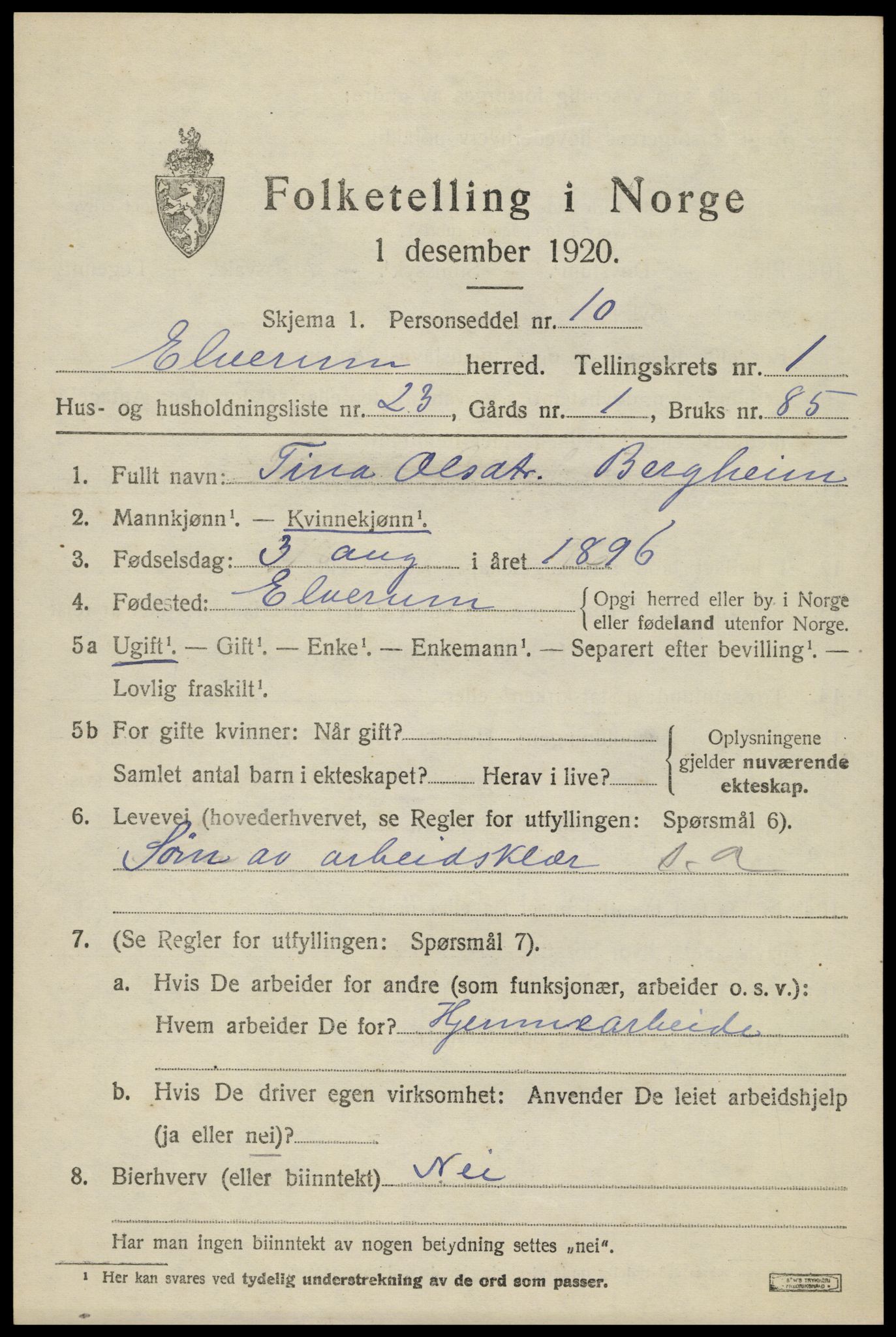 SAH, 1920 census for Elverum, 1920, p. 4036