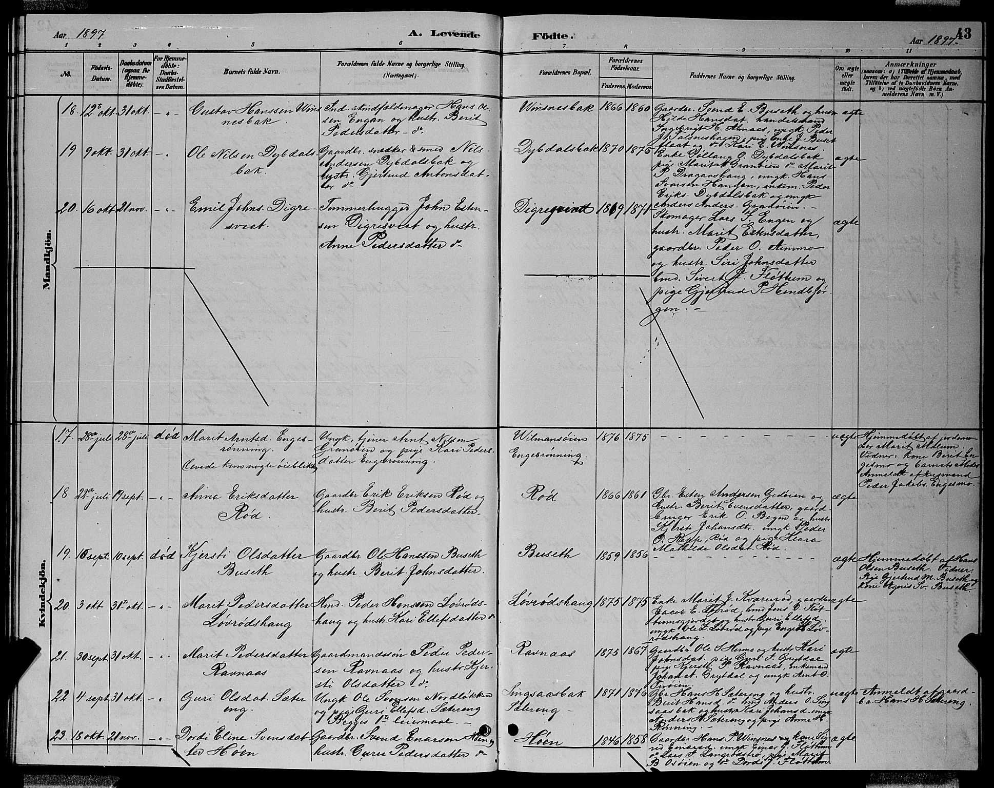 Ministerialprotokoller, klokkerbøker og fødselsregistre - Sør-Trøndelag, SAT/A-1456/688/L1028: Parish register (copy) no. 688C03, 1889-1899, p. 43