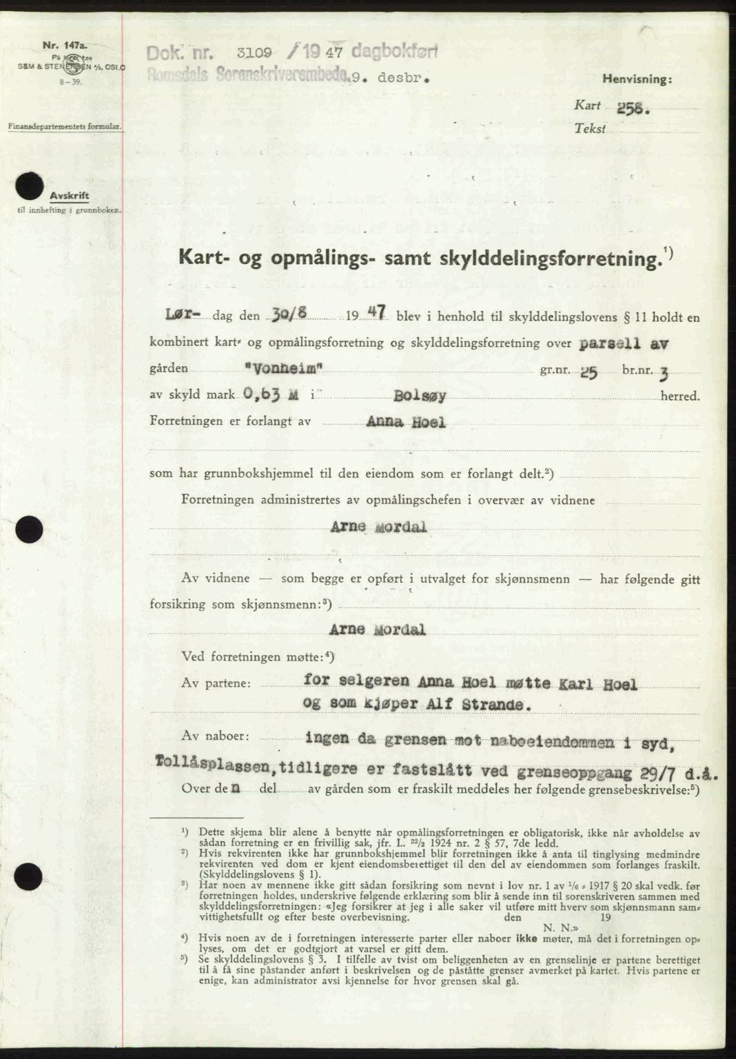 Romsdal sorenskriveri, SAT/A-4149/1/2/2C: Mortgage book no. A24, 1947-1947, Diary no: : 3109/1947