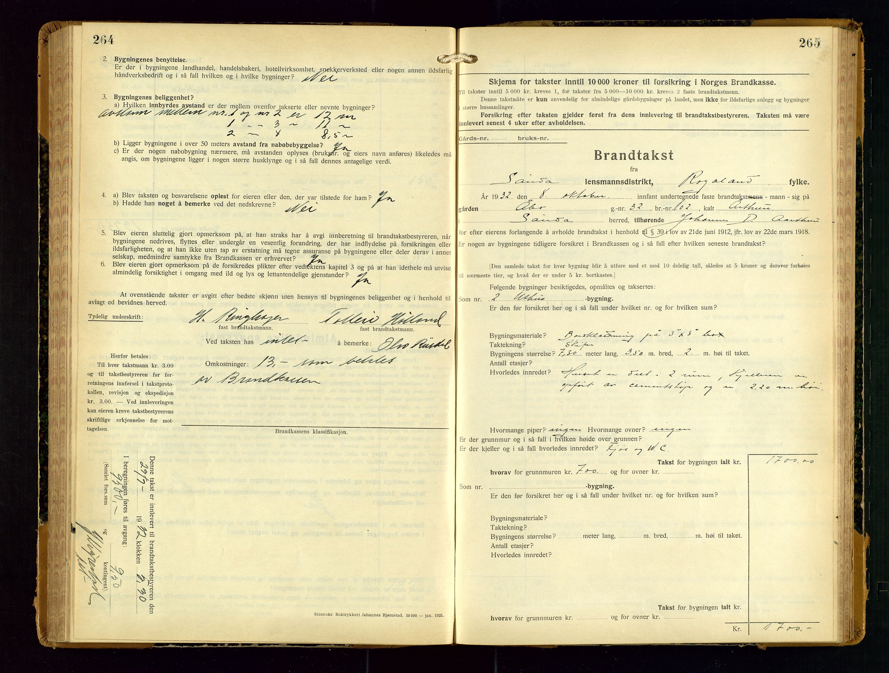 Sauda lensmannskontor, SAST/A-100177/Gob/L0003: Branntakstprotokoll - skjematakst, 1928-1936, p. 264-265