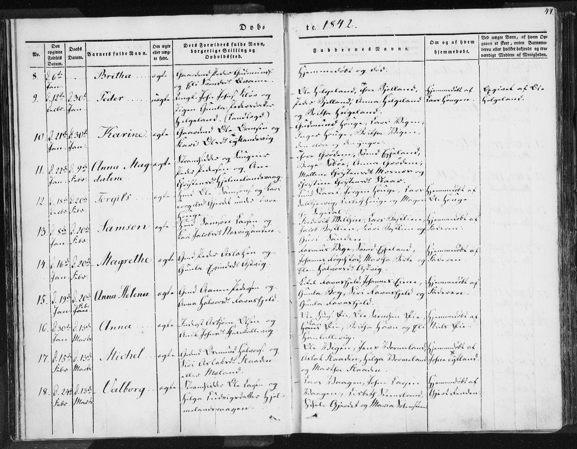 Hjelmeland sokneprestkontor, AV/SAST-A-101843/01/IV/L0006: Parish register (official) no. A 6, 1834-1845, p. 47