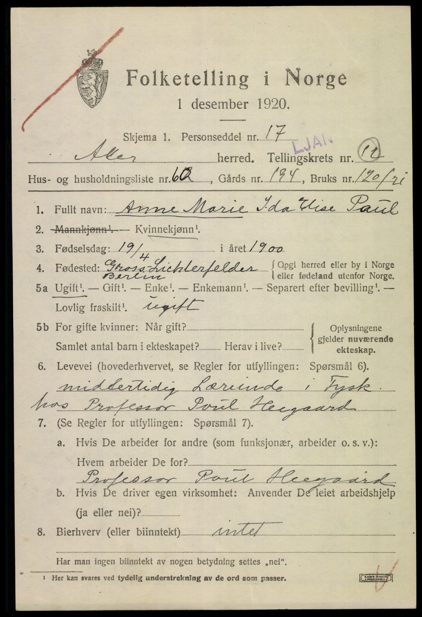 SAO, 1920 census for Aker, 1920, p. 74520