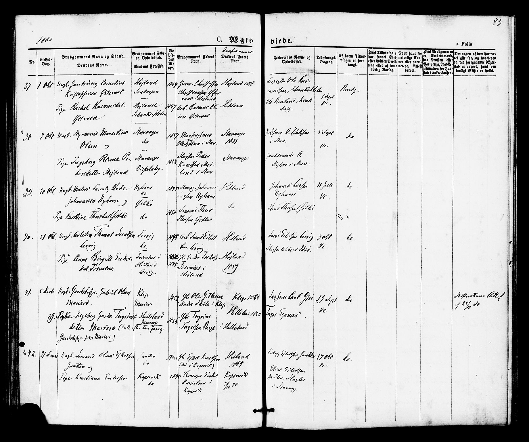 Hetland sokneprestkontor, AV/SAST-A-101826/30/30BA/L0005: Parish register (official) no. A 5, 1869-1884, p. 83