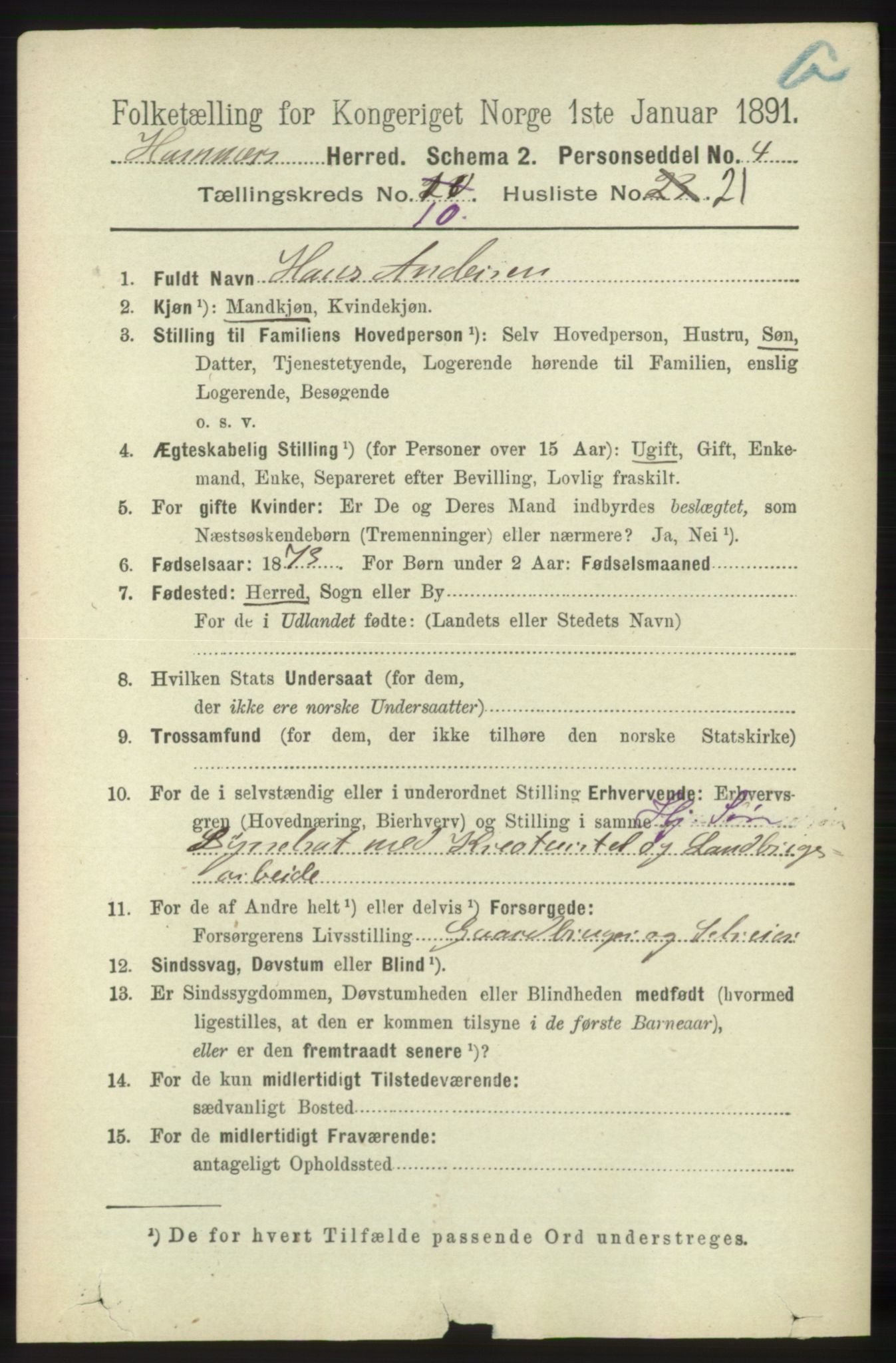 RA, 1891 census for 1254 Hamre, 1891, p. 2900