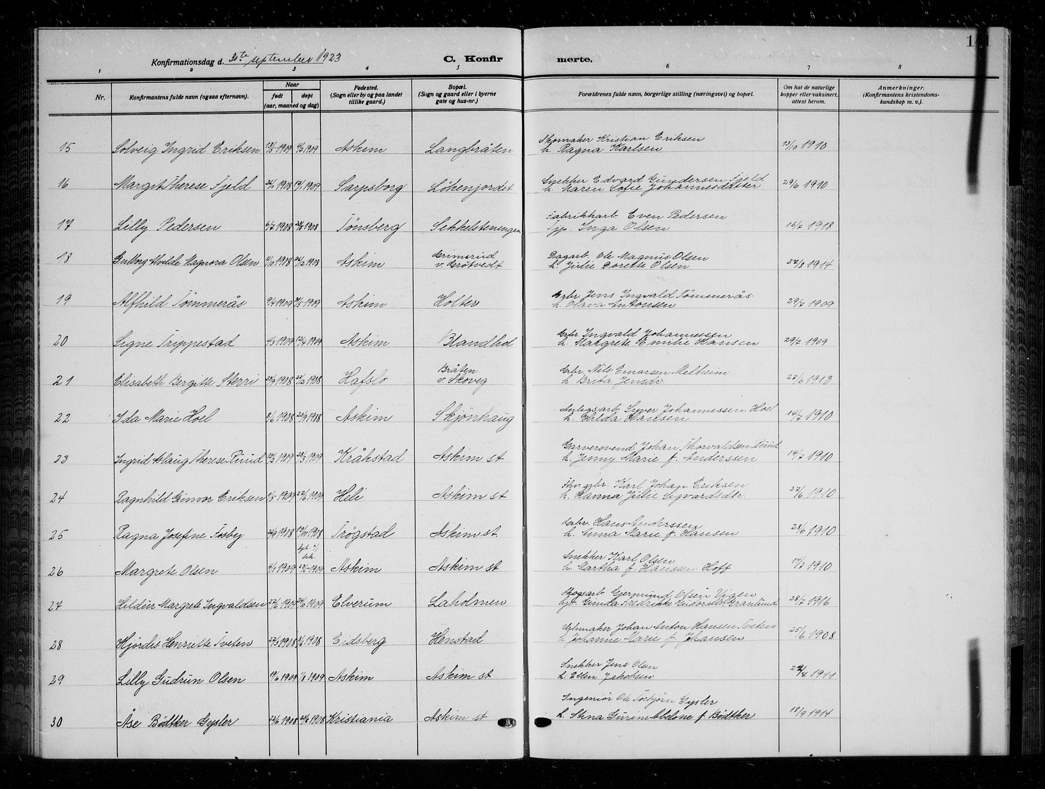 Askim prestekontor Kirkebøker, AV/SAO-A-10900/G/Ga/L0003: Parish register (copy) no. 3, 1921-1937, p. 141