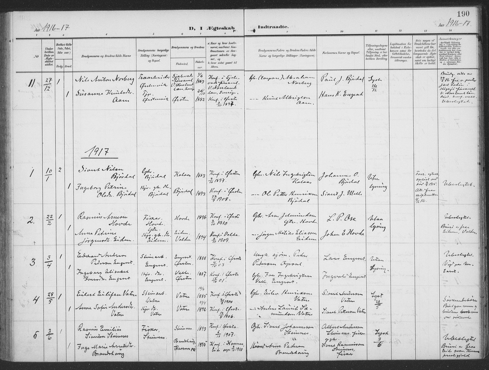 Ministerialprotokoller, klokkerbøker og fødselsregistre - Møre og Romsdal, SAT/A-1454/513/L0178: Parish register (official) no. 513A05, 1906-1919, p. 190