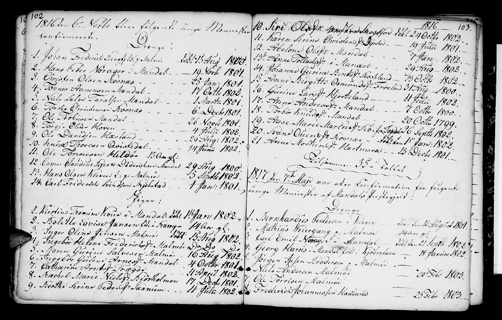 Mandal sokneprestkontor, SAK/1111-0030/F/Fa/Faa/L0004: Parish register (official) no. A 4, 1745-1817, p. 102-103