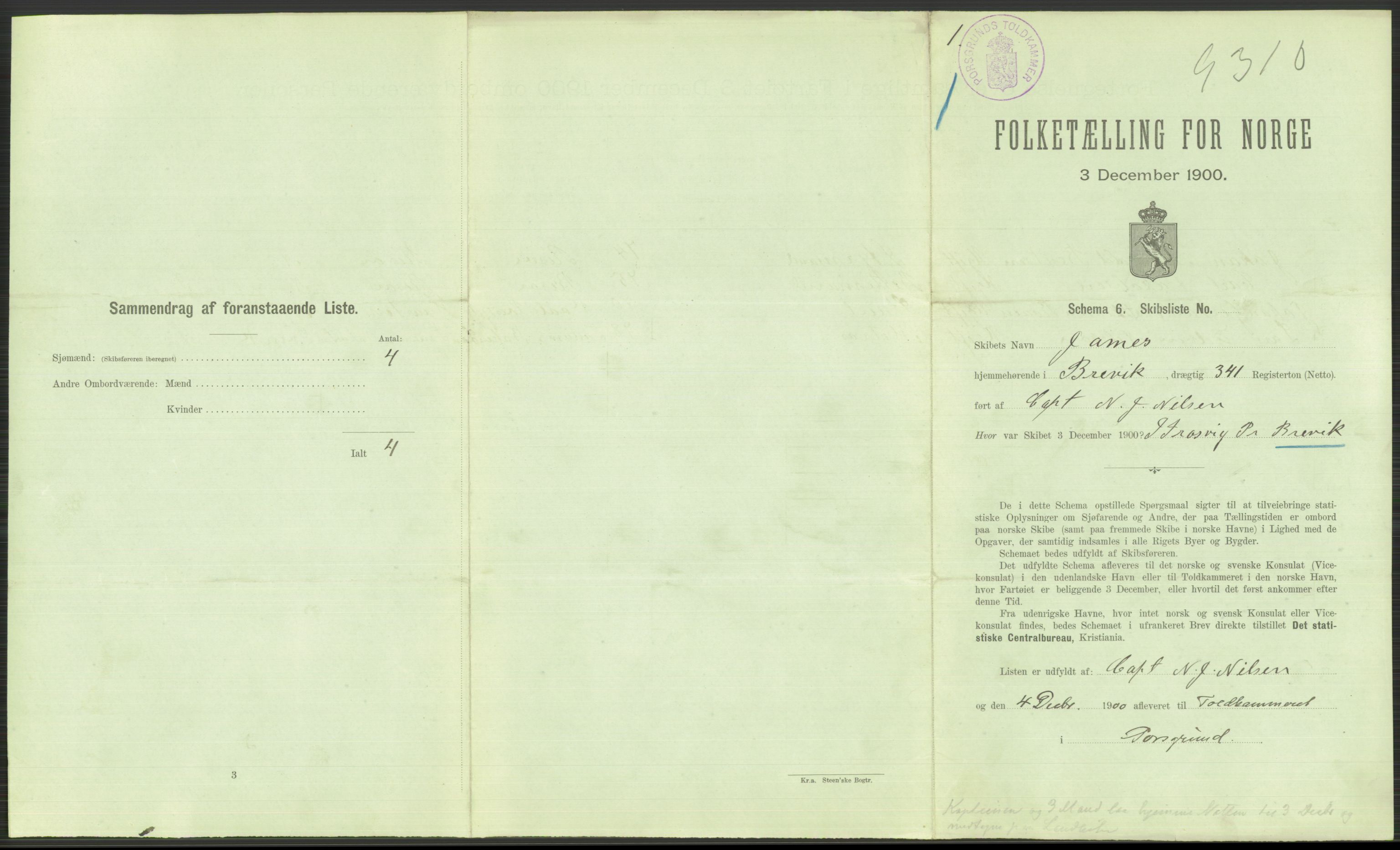 RA, 1900 Census - ship lists from ships in Norwegian harbours, harbours abroad and at sea, 1900, p. 595