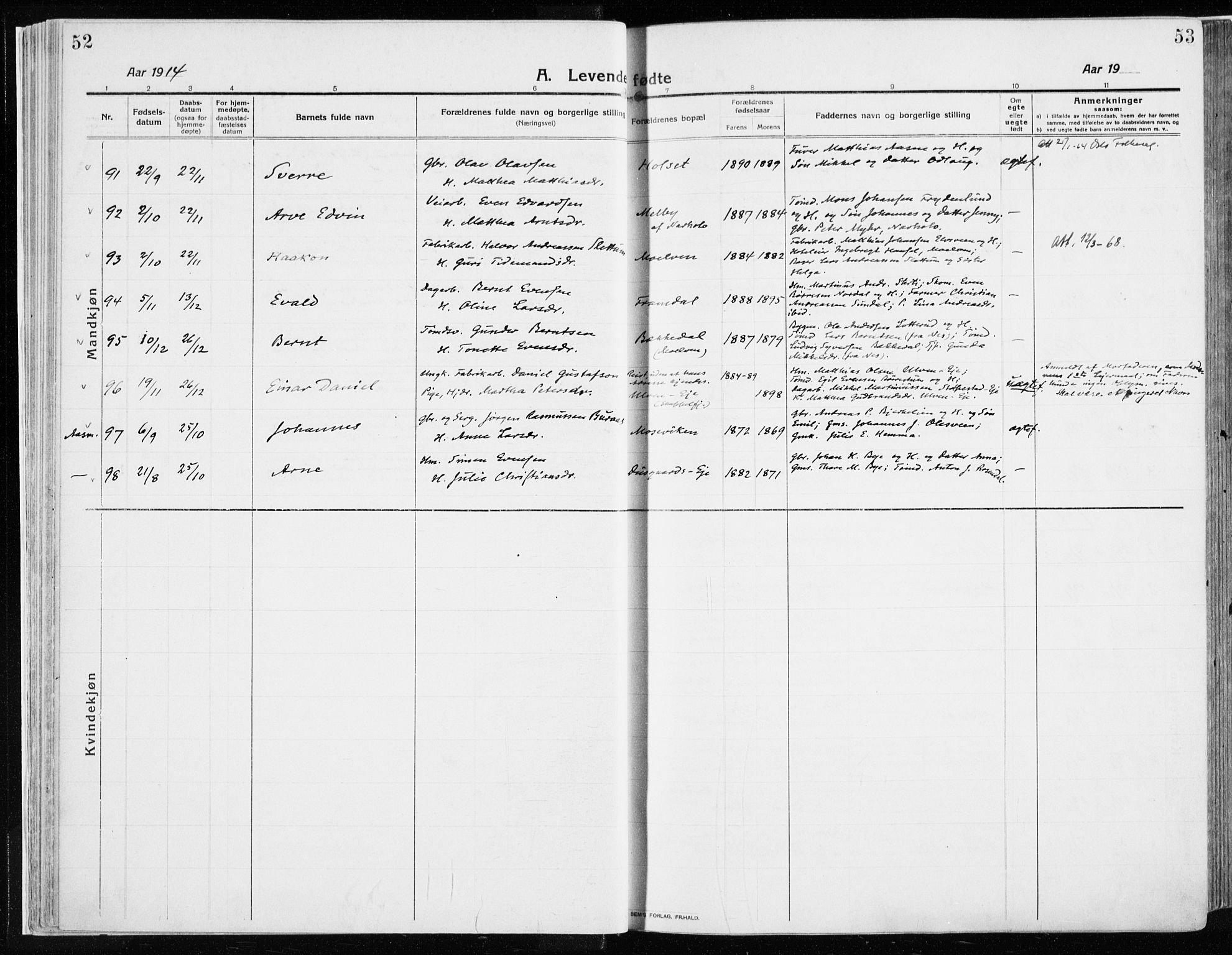 Ringsaker prestekontor, AV/SAH-PREST-014/K/Ka/L0020: Parish register (official) no. 20, 1913-1922, p. 52-53