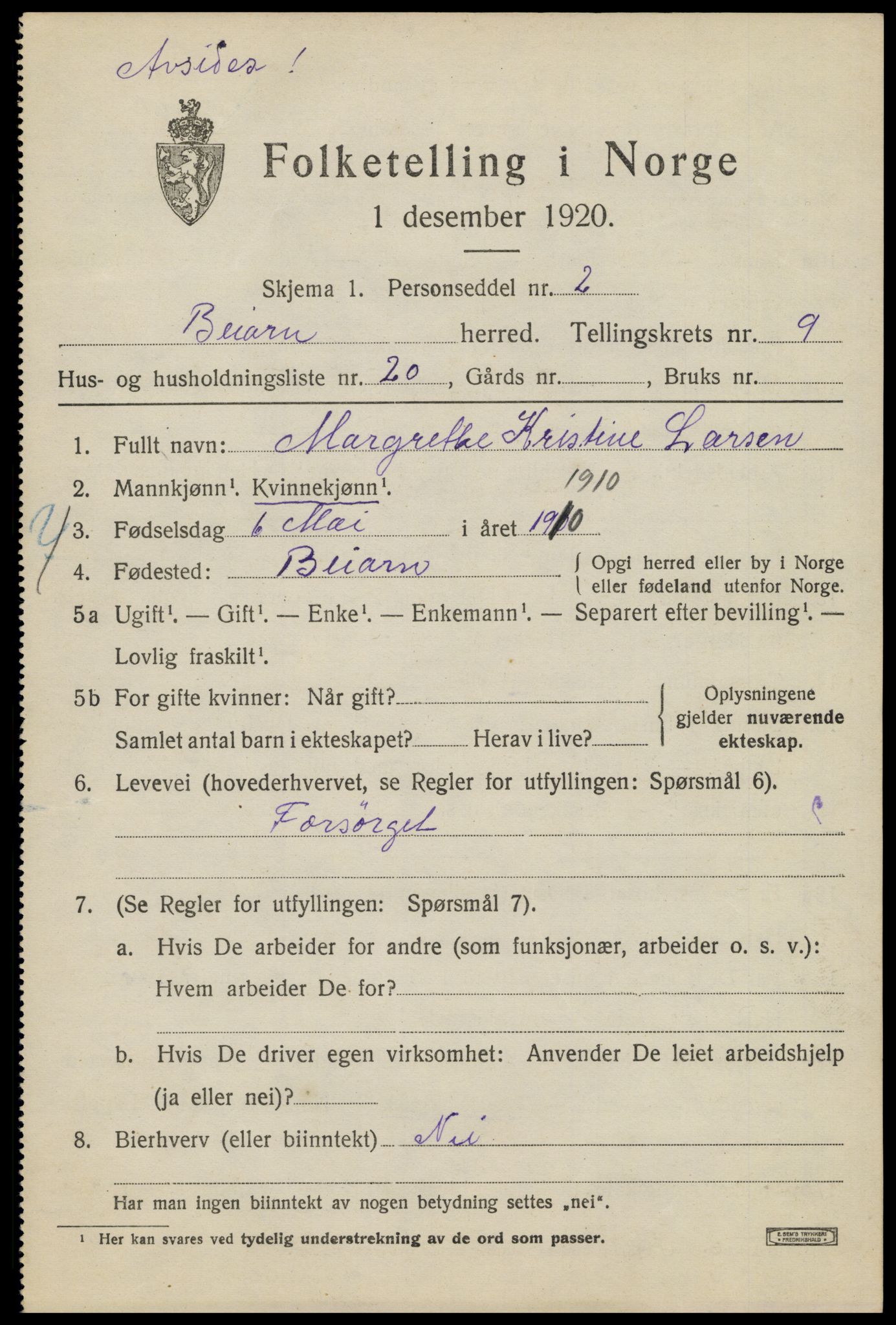 SAT, 1920 census for Beiarn, 1920, p. 4534