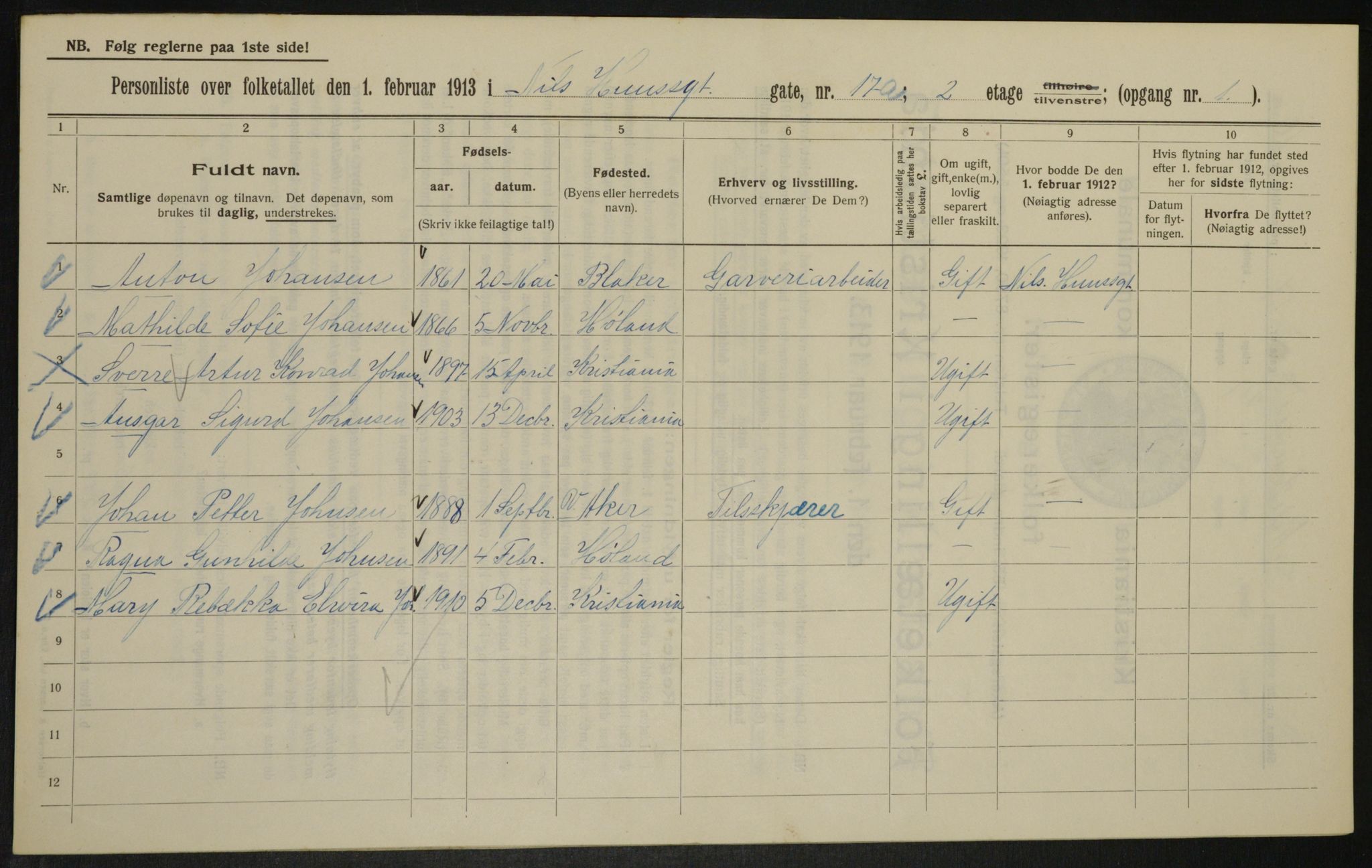 OBA, Municipal Census 1913 for Kristiania, 1913, p. 71007