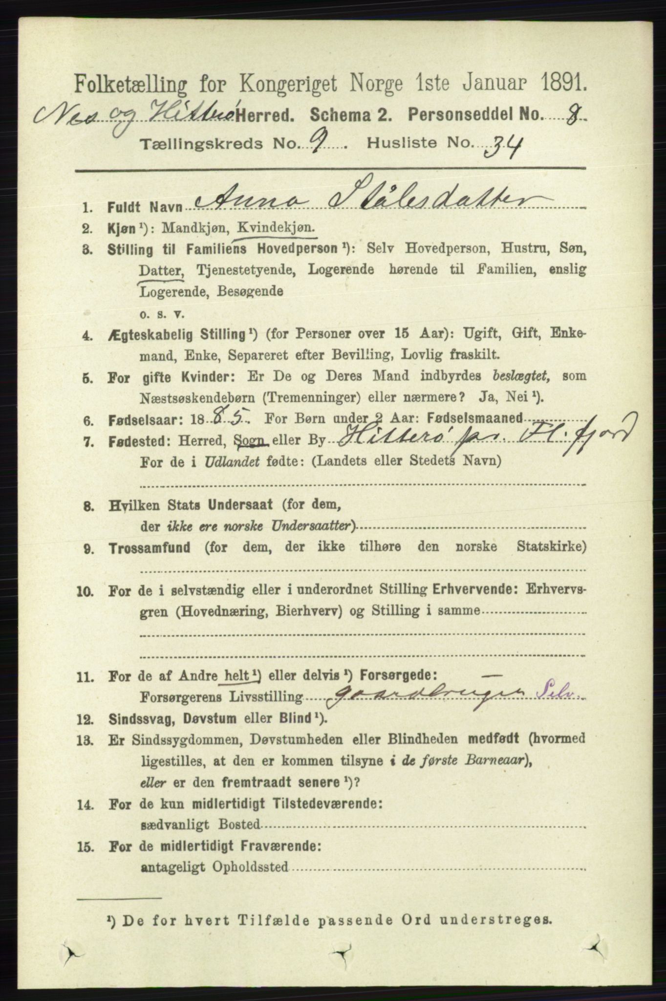 RA, 1891 census for 1043 Hidra og Nes, 1891, p. 3953