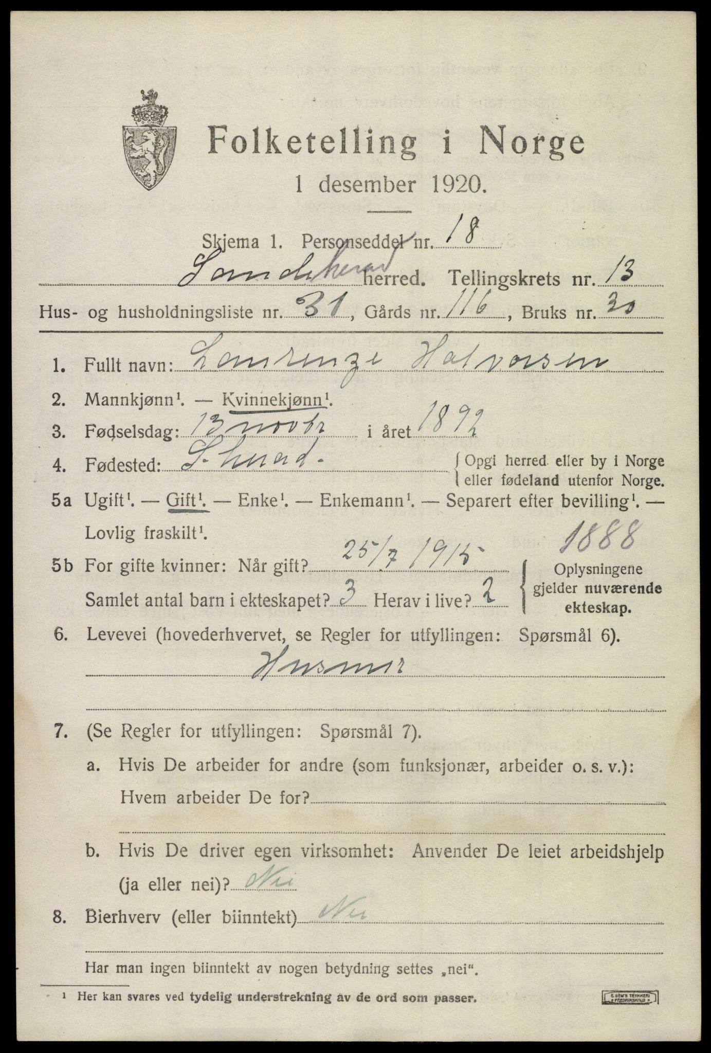 SAKO, 1920 census for Sandeherred, 1920, p. 19658
