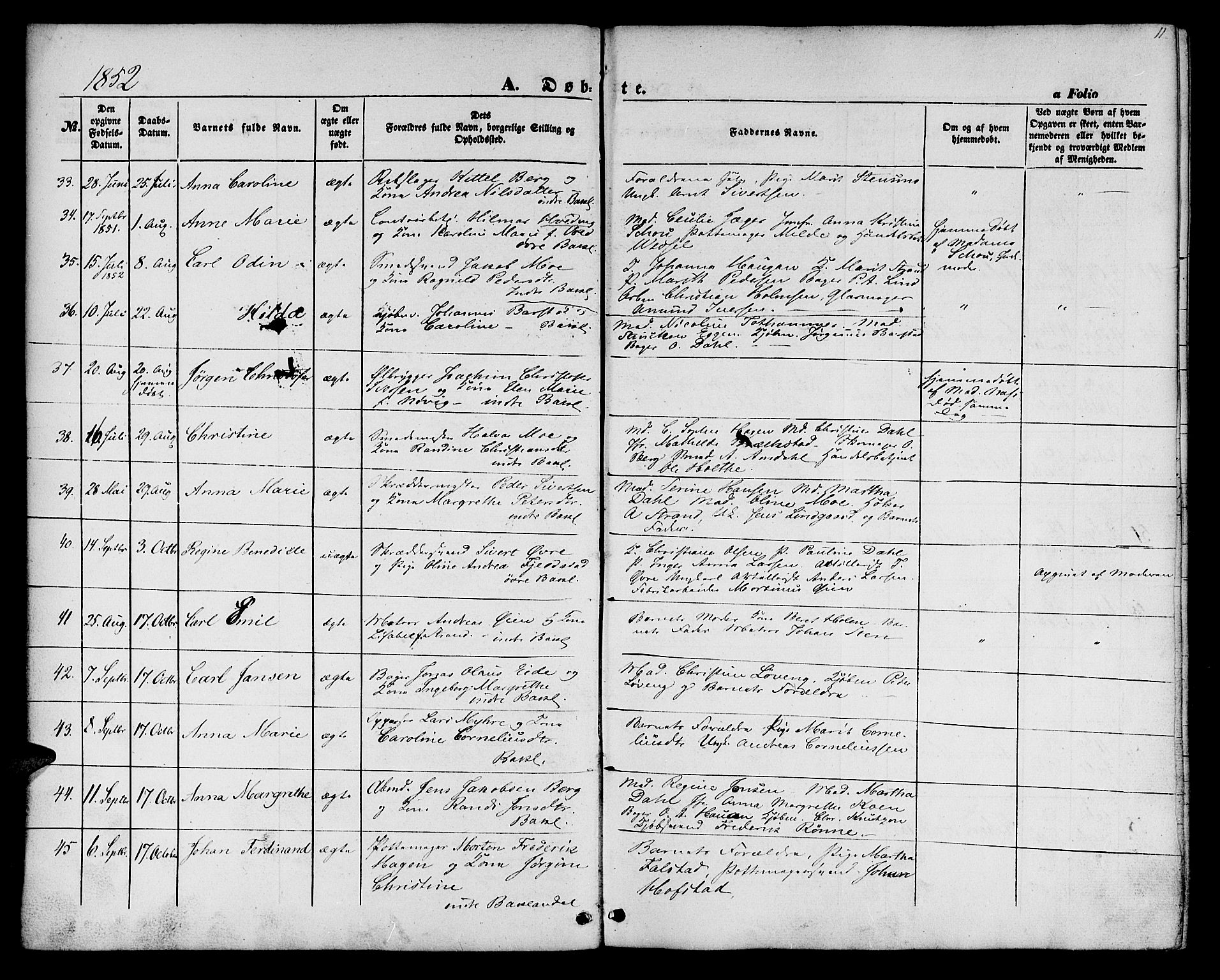 Ministerialprotokoller, klokkerbøker og fødselsregistre - Sør-Trøndelag, AV/SAT-A-1456/604/L0184: Parish register (official) no. 604A05, 1851-1860, p. 11