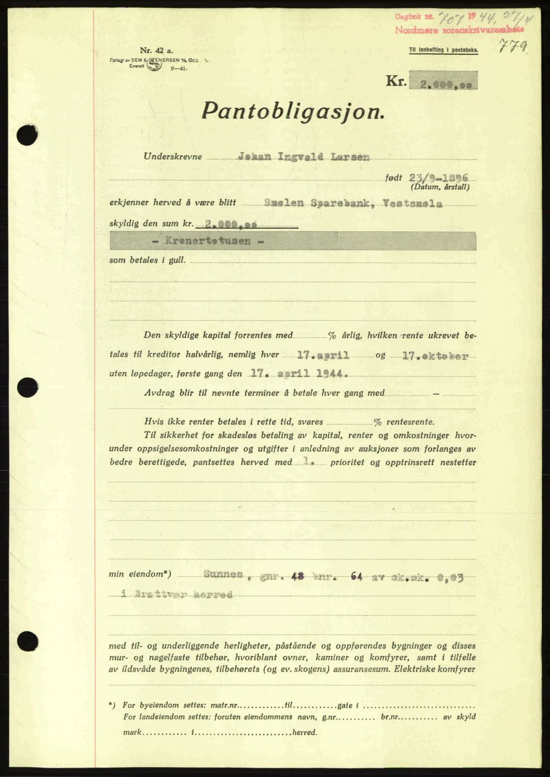 Nordmøre sorenskriveri, AV/SAT-A-4132/1/2/2Ca: Mortgage book no. B91, 1943-1944, Diary no: : 707/1944