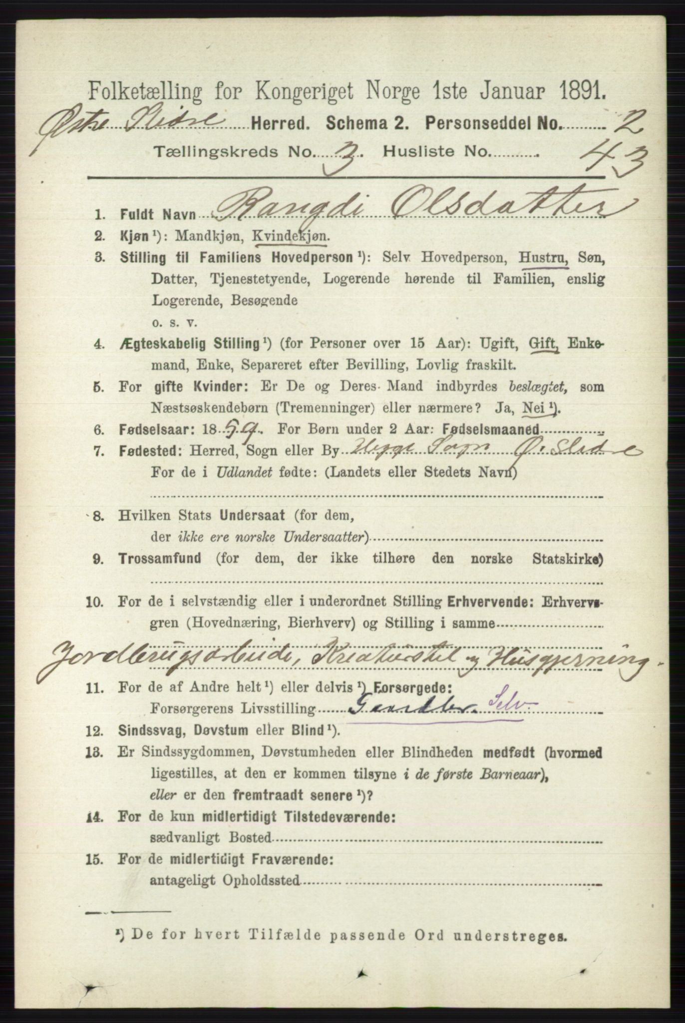 RA, 1891 census for 0544 Øystre Slidre, 1891, p. 1036