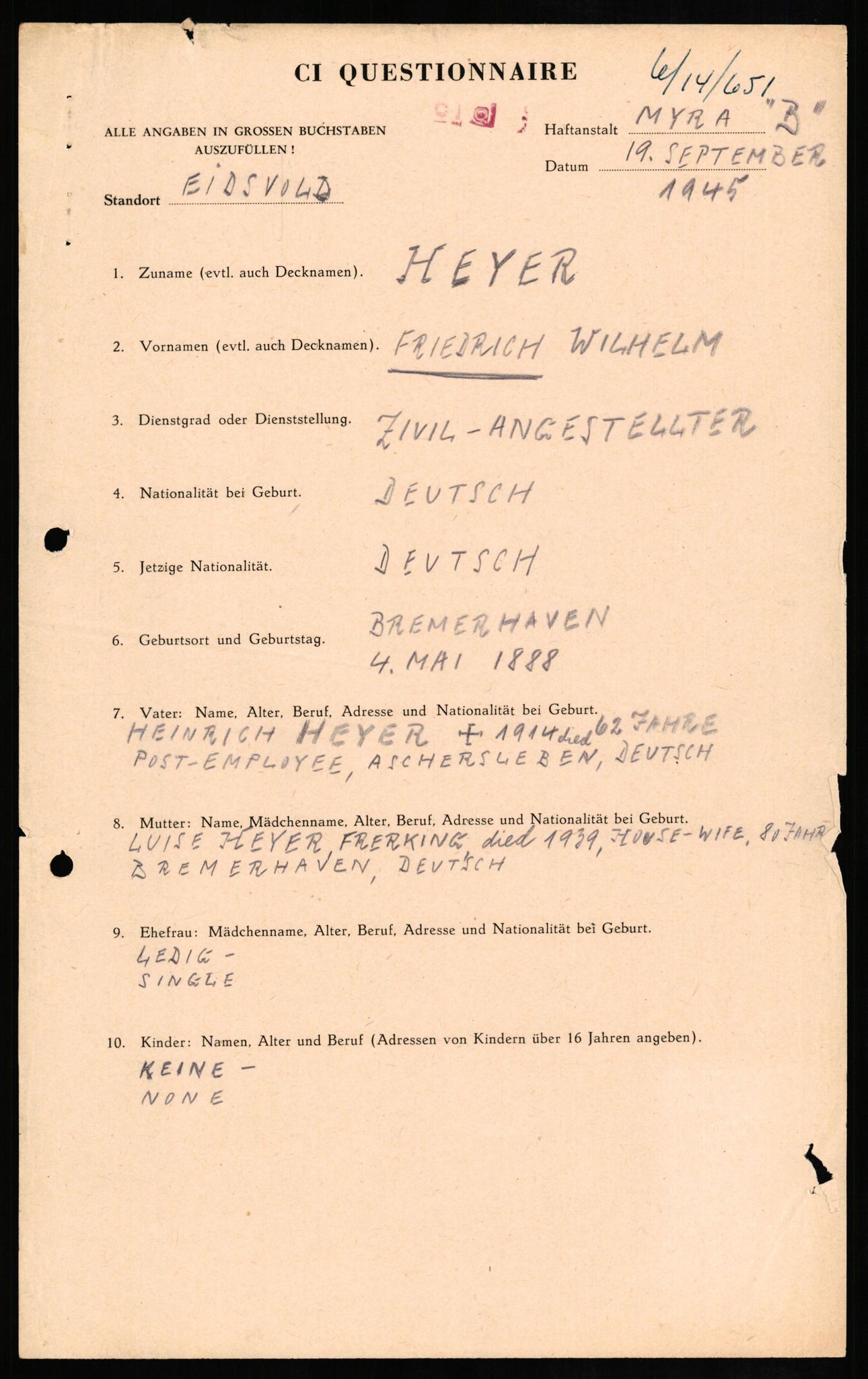 Forsvaret, Forsvarets overkommando II, AV/RA-RAFA-3915/D/Db/L0013: CI Questionaires. Tyske okkupasjonsstyrker i Norge. Tyskere., 1945-1946, p. 150