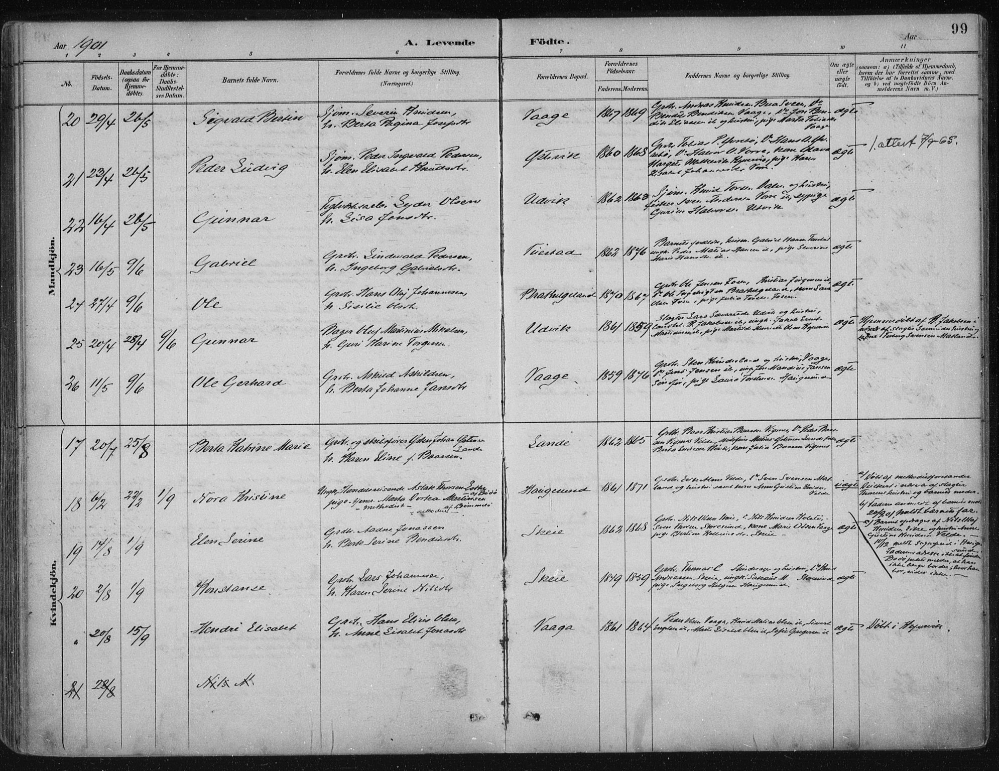 Avaldsnes sokneprestkontor, AV/SAST-A -101851/H/Ha/Haa/L0017: Parish register (official) no. A 17, 1889-1920, p. 99