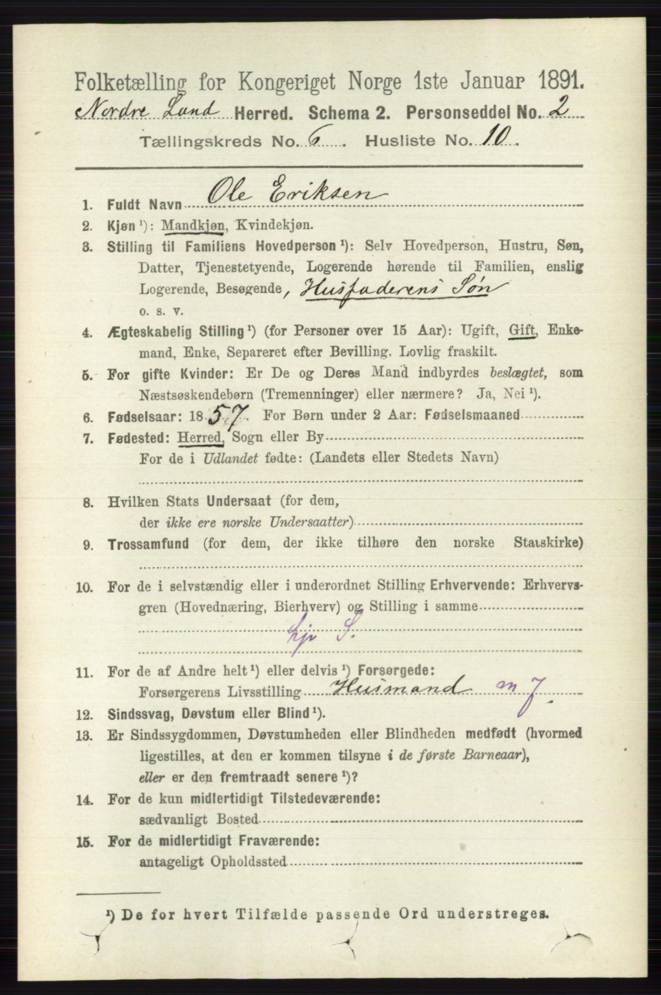 RA, 1891 census for 0538 Nordre Land, 1891, p. 1866