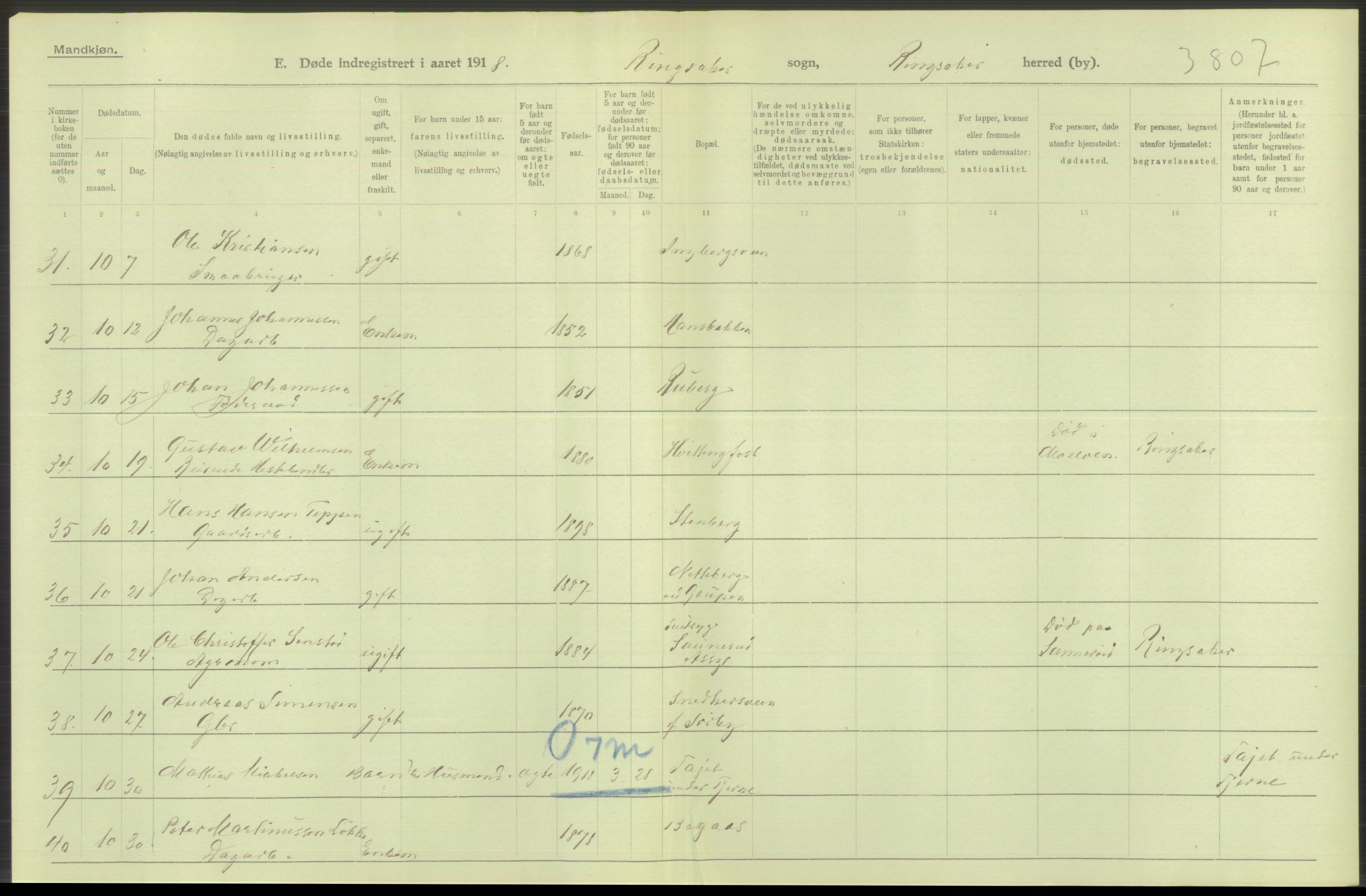 Statistisk sentralbyrå, Sosiodemografiske emner, Befolkning, AV/RA-S-2228/D/Df/Dfb/Dfbh/L0014: Hedemarkens fylke: Døde. Bygder og byer., 1918, p. 352