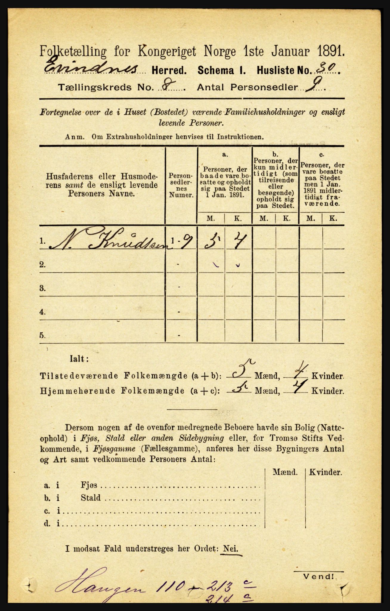 RA, 1891 census for 1853 Evenes, 1891, p. 2503