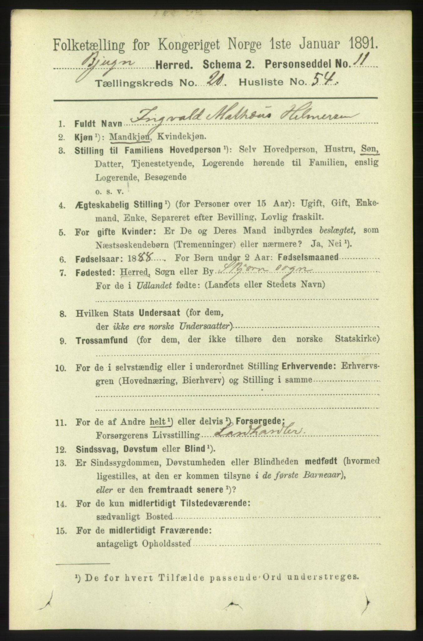 RA, 1891 census for 1627 Bjugn, 1891, p. 5737