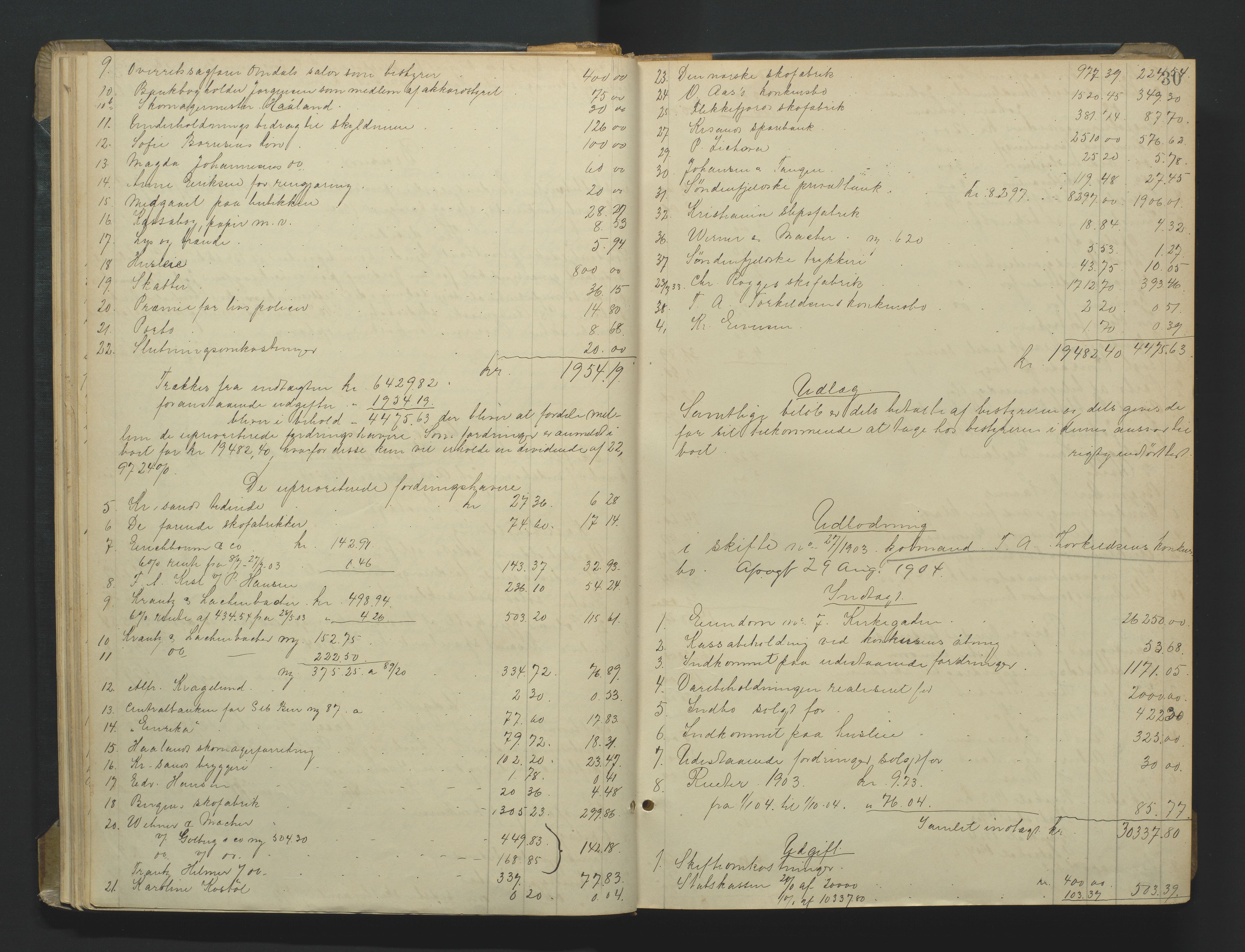 Kristiansand byrett, AV/SAK-1223-0001/H/Hc/L0060: Skifteutlodningsprotokoll nr. 6, med register, 1903-1916, p. 30
