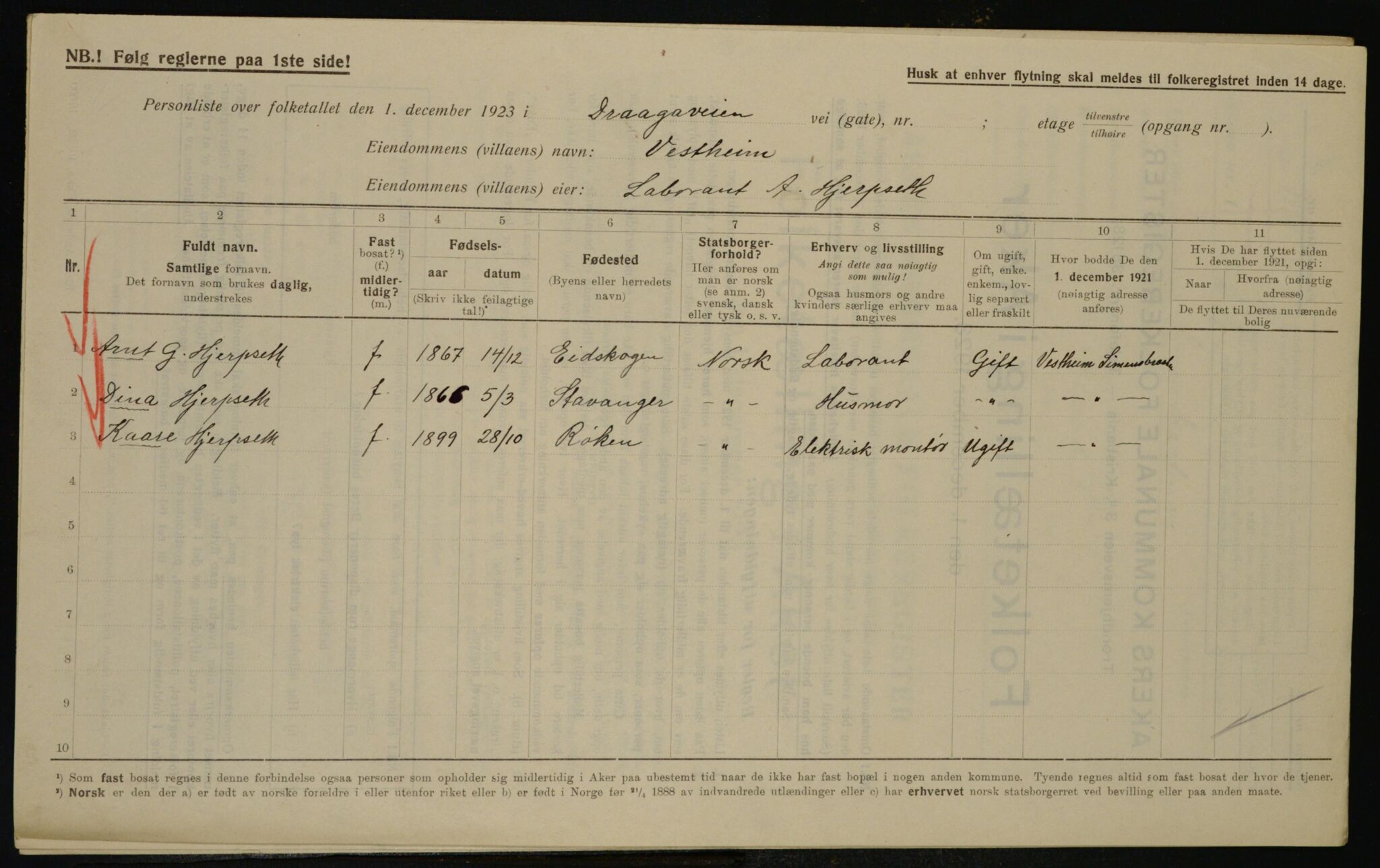 , Municipal Census 1923 for Aker, 1923, p. 45310