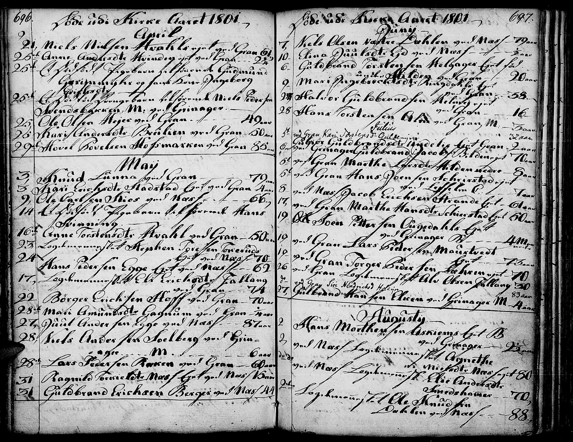 Gran prestekontor, AV/SAH-PREST-112/H/Ha/Haa/L0006: Parish register (official) no. 6, 1787-1824, p. 696-697