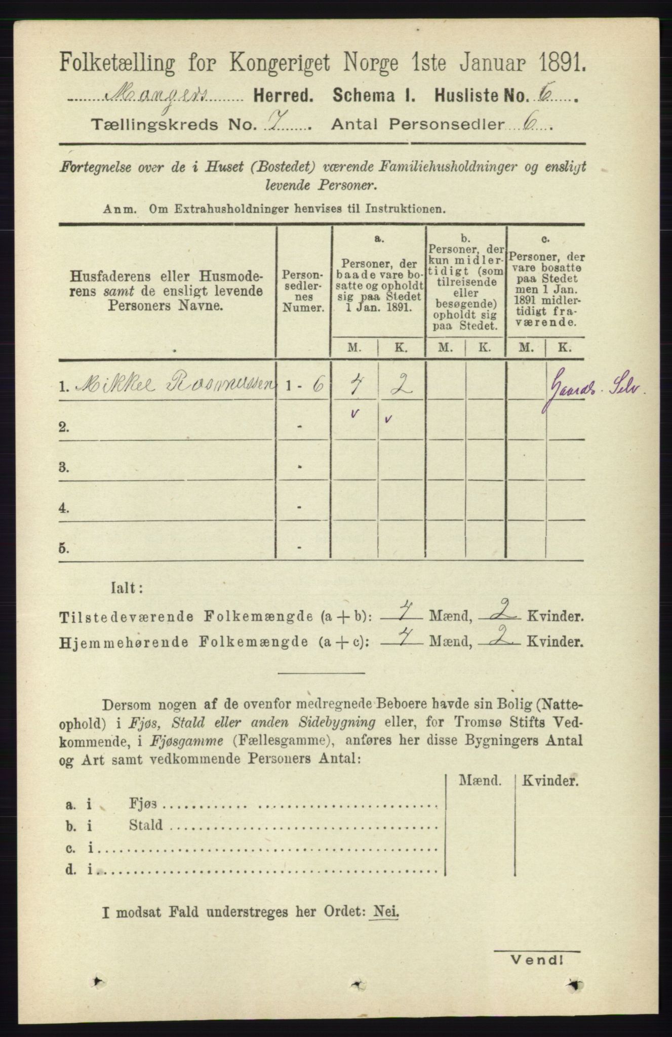 RA, 1891 census for 1261 Manger, 1891, p. 4252
