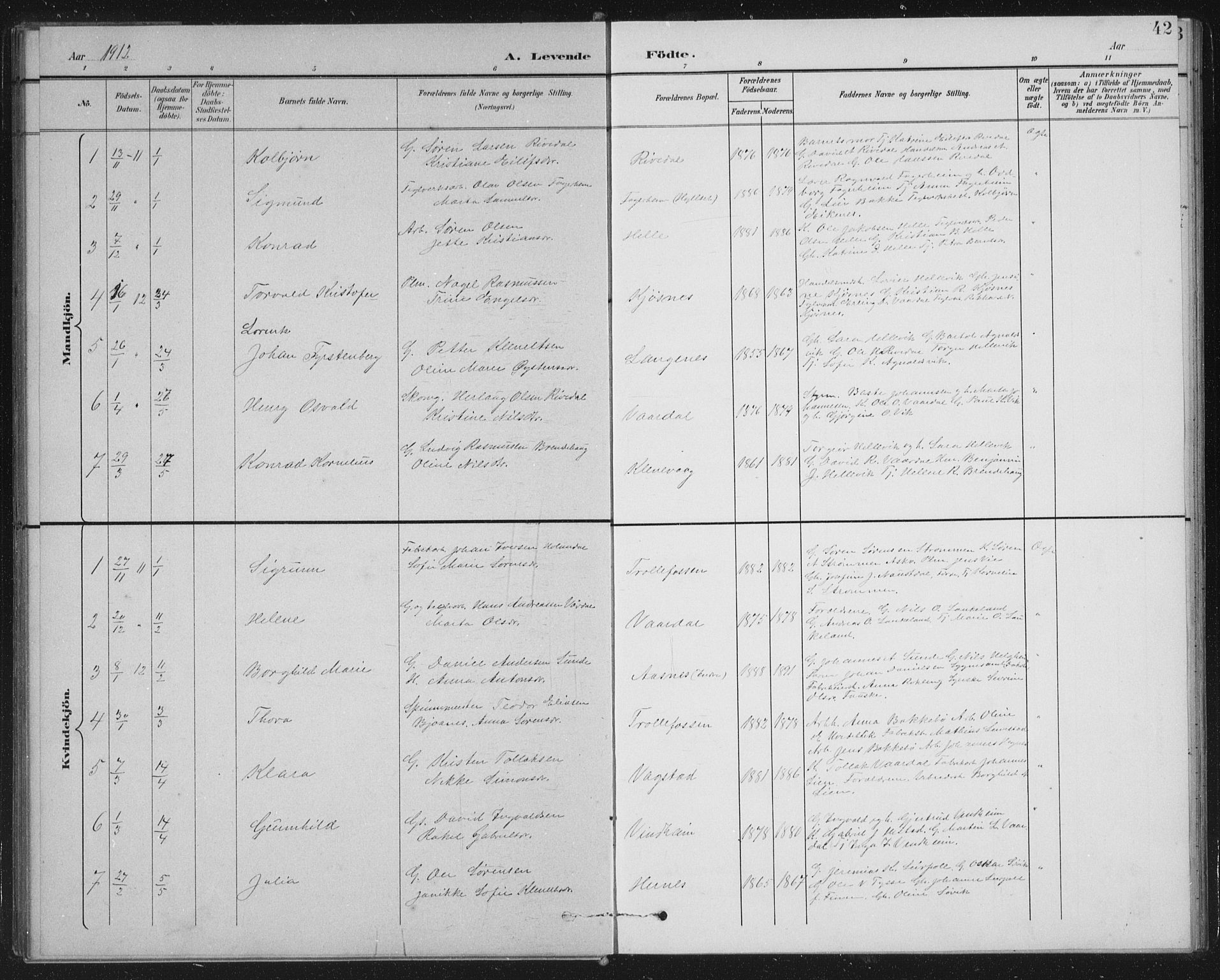 Fjaler sokneprestembete, AV/SAB-A-79801/H/Hab/Habb/L0002: Parish register (copy) no. B 2, 1895-1915, p. 42