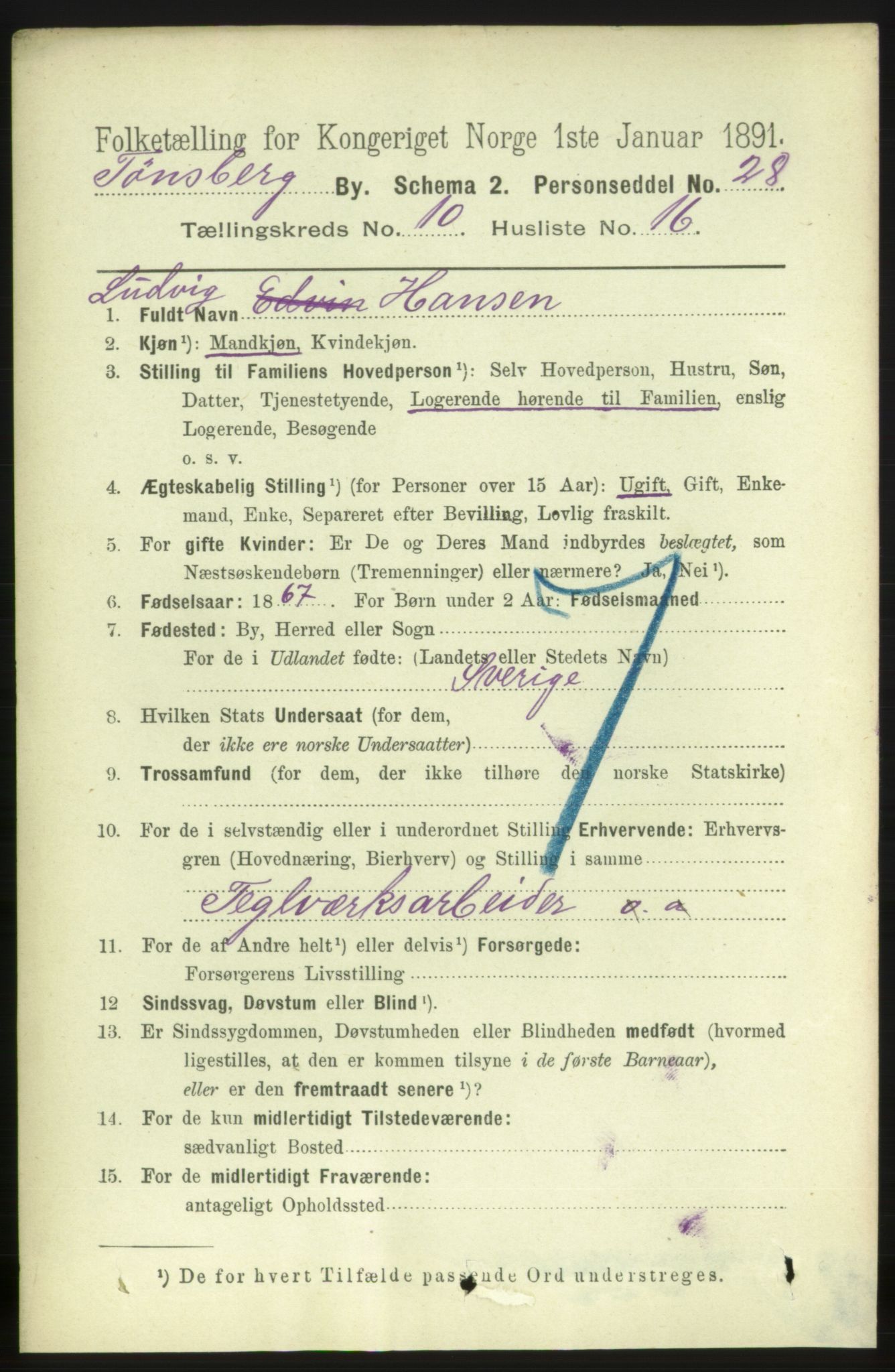 RA, 1891 census for 0705 Tønsberg, 1891, p. 3849