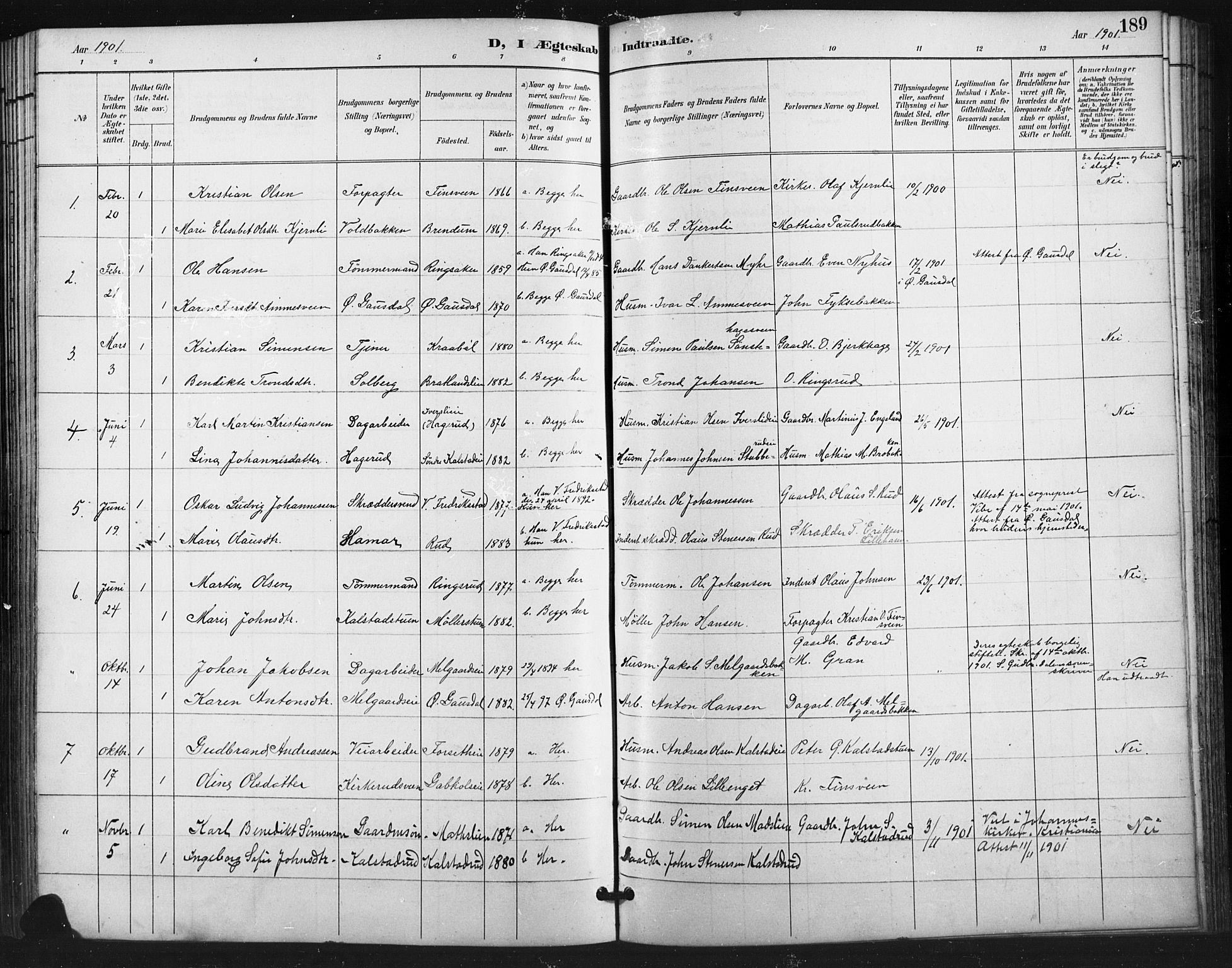 Vestre Gausdal prestekontor, SAH/PREST-094/H/Ha/Hab/L0003: Parish register (copy) no. 3, 1896-1925, p. 189