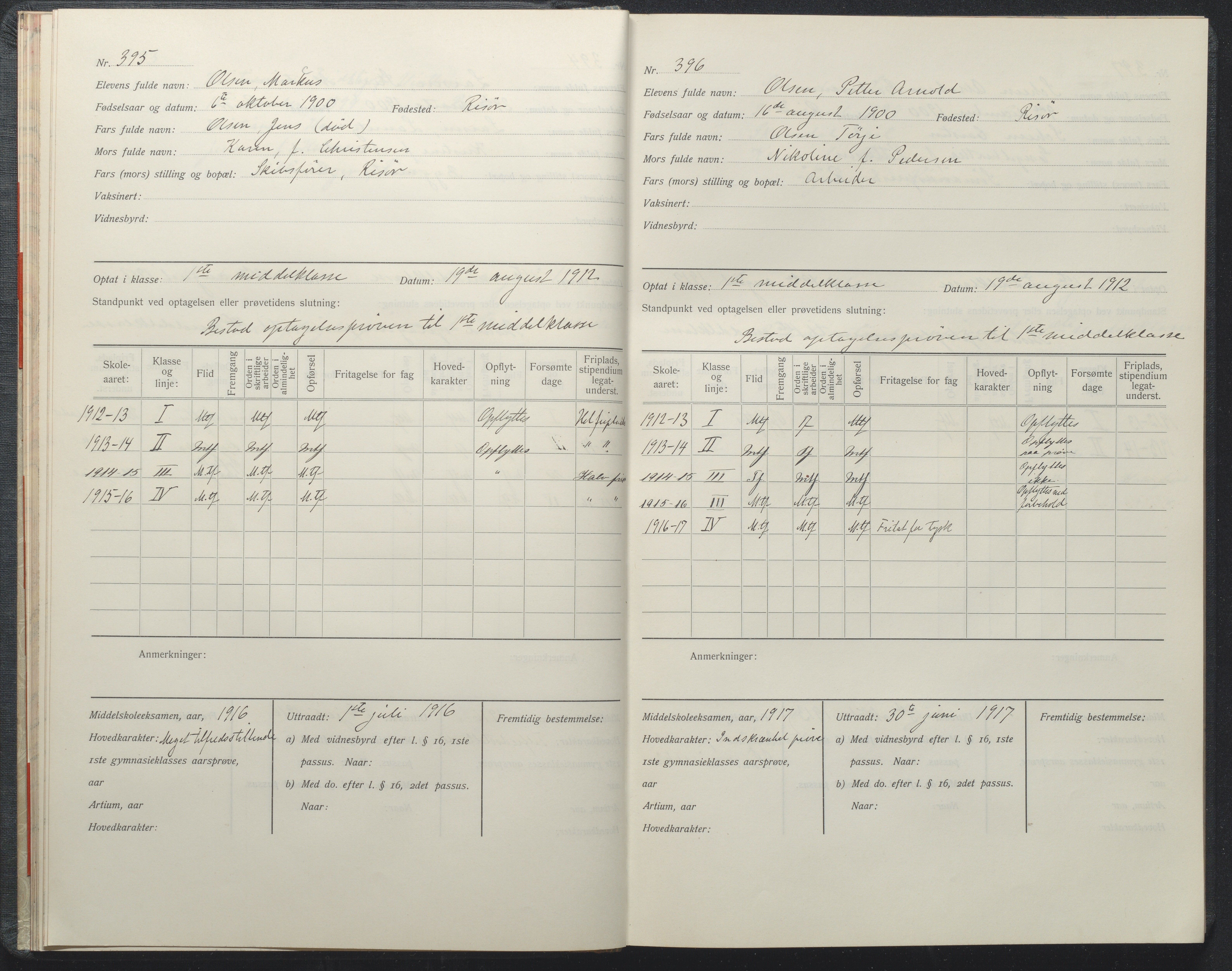 Risør kommune, AAKS/KA0901-PK/1/05/05i/L0002: Manntallsprotokoll, 1911-1925, p. 395-396