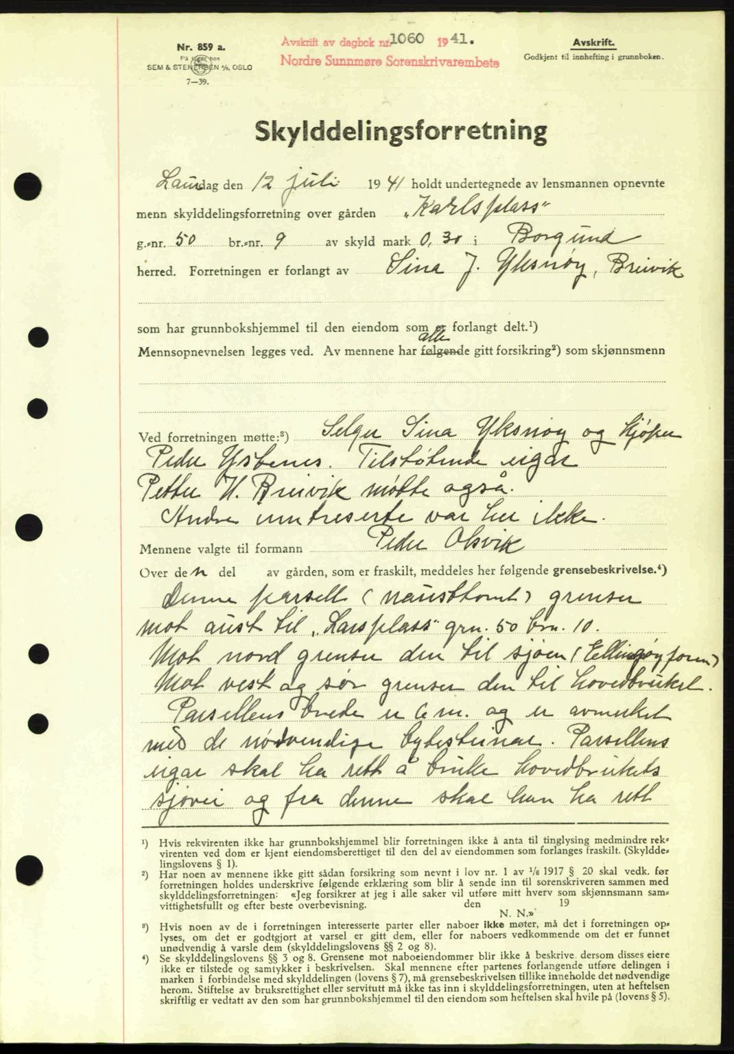 Nordre Sunnmøre sorenskriveri, SAT/A-0006/1/2/2C/2Ca: Mortgage book no. A11, 1941-1941, Diary no: : 1060/1941