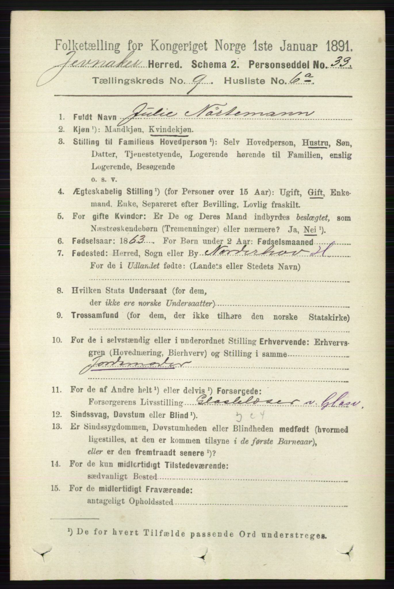 RA, 1891 census for 0532 Jevnaker, 1891, p. 5073