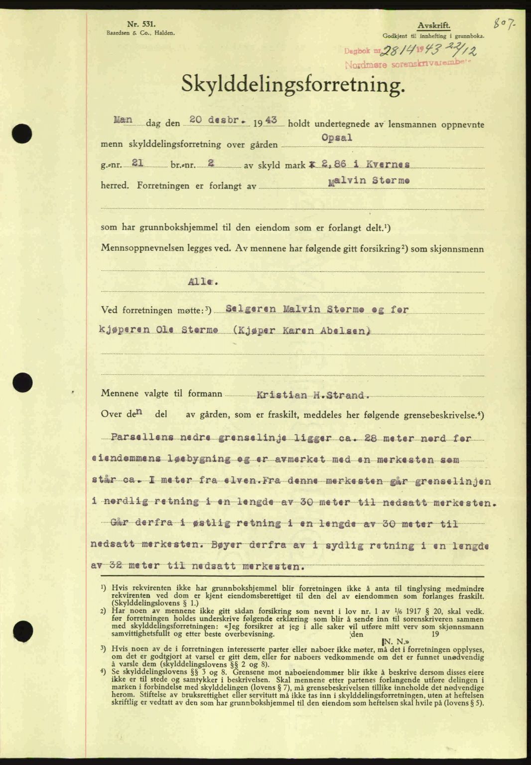 Nordmøre sorenskriveri, SAT/A-4132/1/2/2Ca: Mortgage book no. A96, 1943-1944, Diary no: : 2814/1943