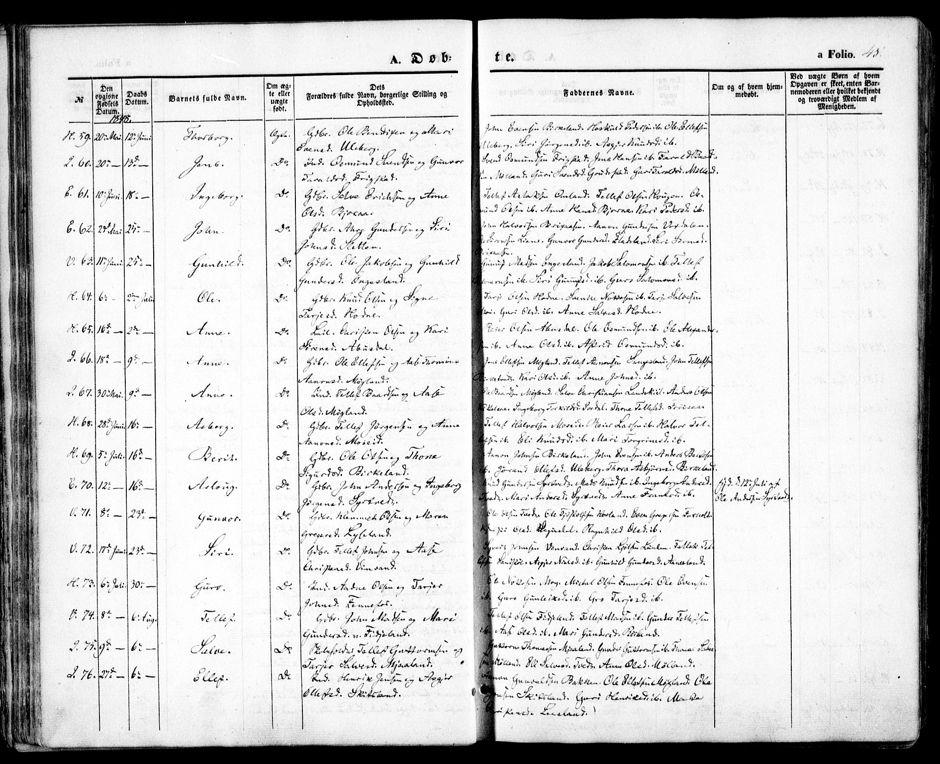 Evje sokneprestkontor, SAK/1111-0008/F/Fa/Faa/L0005: Parish register (official) no. A 5, 1843-1865, p. 45