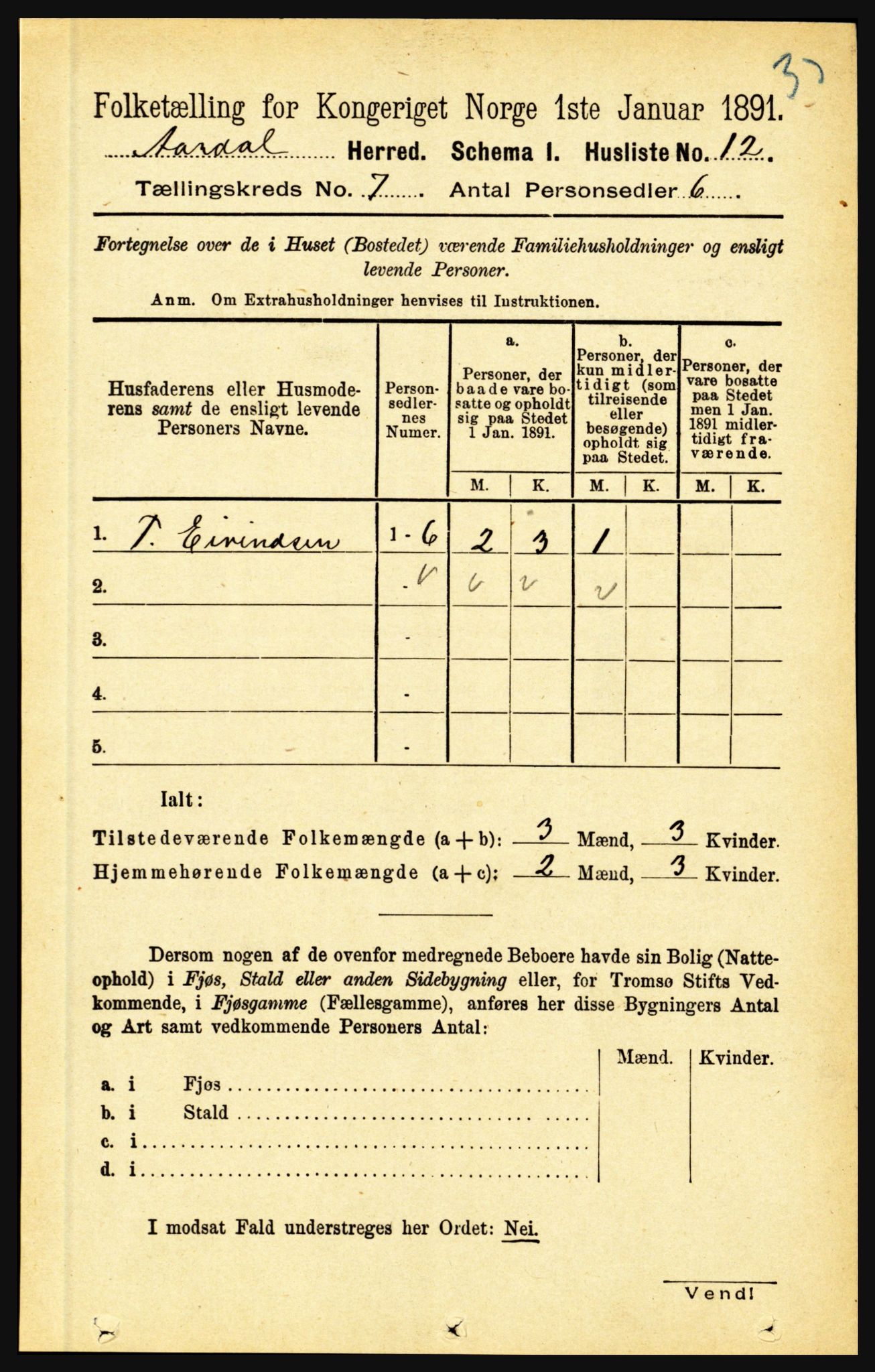 RA, 1891 census for 1424 Årdal, 1891, p. 1445