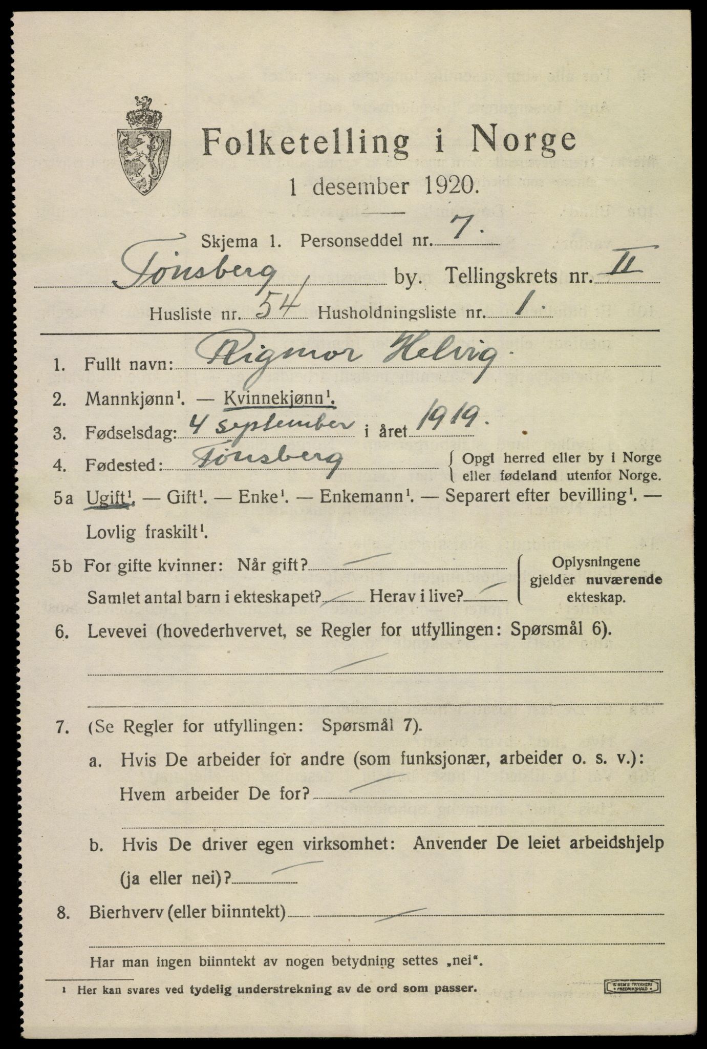 SAKO, 1920 census for Tønsberg, 1920, p. 10865