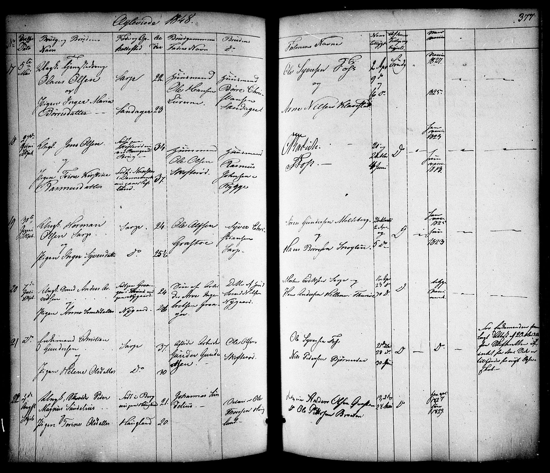 Skjeberg prestekontor Kirkebøker, AV/SAO-A-10923/F/Fa/L0006: Parish register (official) no. I 6, 1846-1858, p. 377