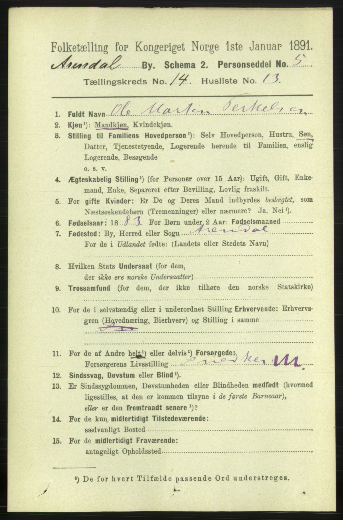 RA, 1891 census for 0903 Arendal, 1891, p. 4884